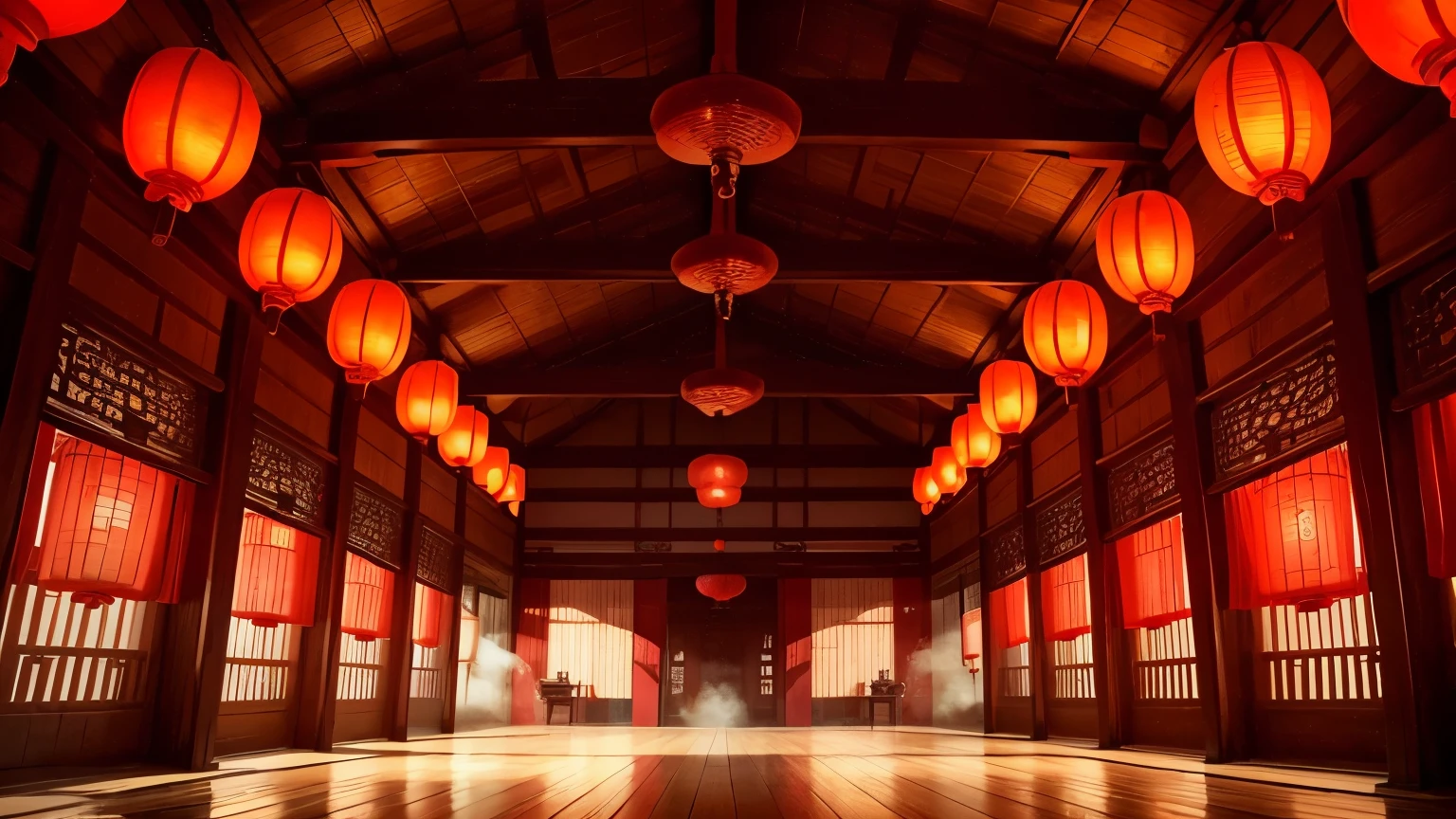 Ancient Chinese temple main hall, lanterns hanging on both sides, wooden floor, wide angle view, art style, retro background, light mist, dark vintage style, 16k resolution