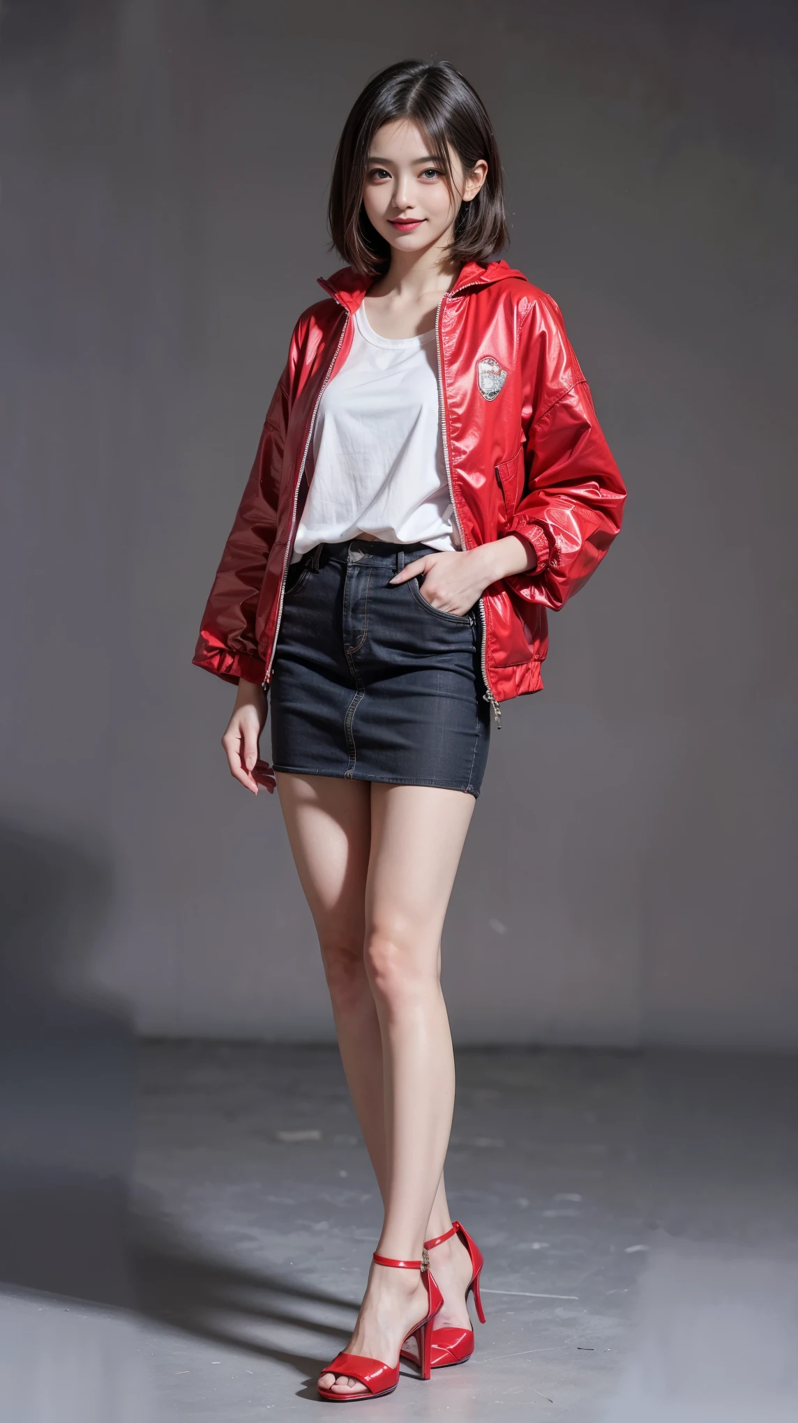 highest quality,masterpiece,Ultra-high resolution,Original photo,Ultra-high resolution,Beautiful woman 25 years old woman'Fashion that was popular in the 2000s,Ultra mini skirt,Clothing from the Heisei era in Japan,Long legs:1.5,Full Body,Flashy makeup using red eyeshadow,Big smile,Short cut with subtle side waves,whole body,Gray background,