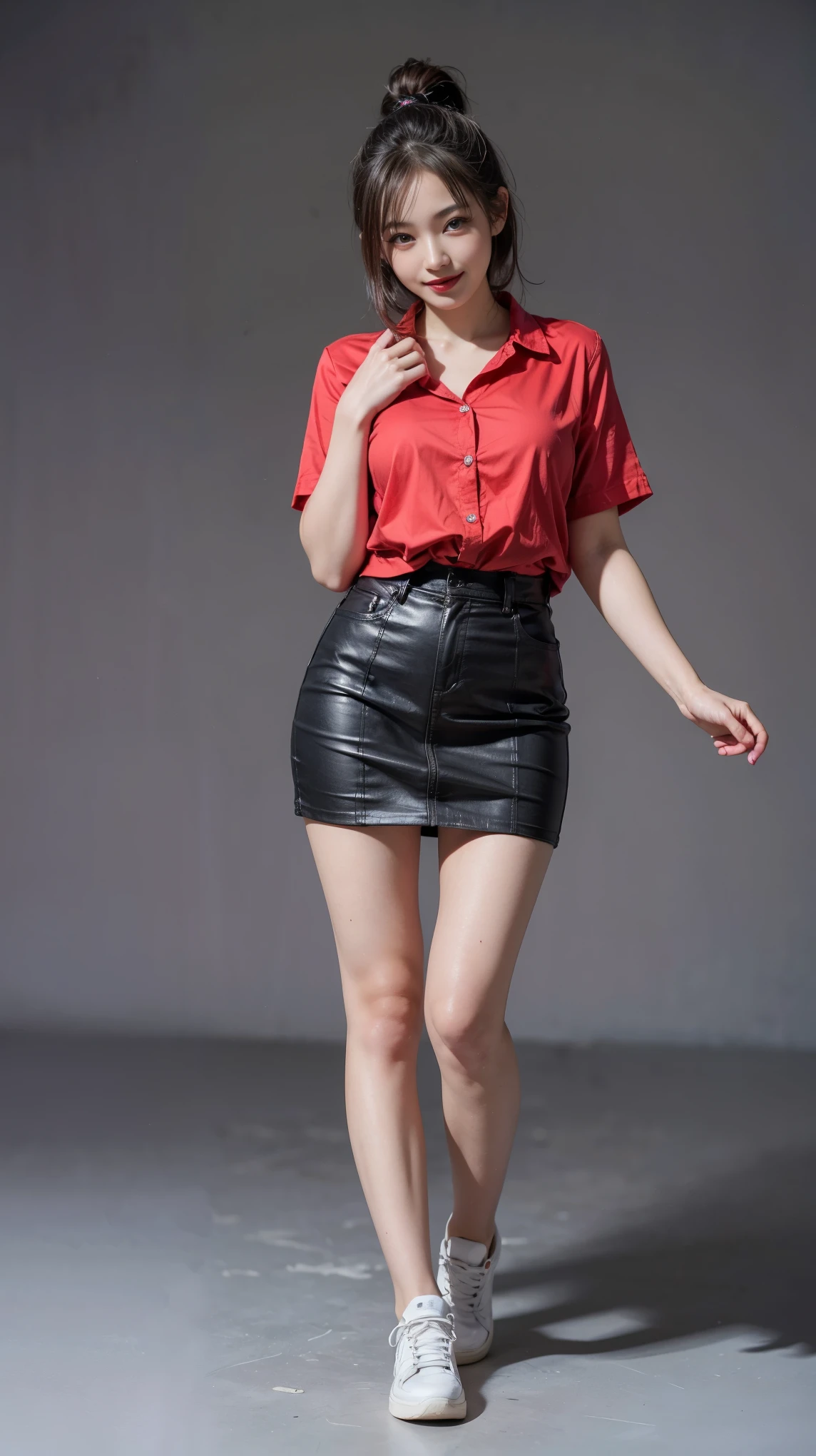 highest quality,masterpiece,Ultra-high resolution,Original photo,Ultra-high resolution,Beautiful woman 25 years old woman'Fashion that was popular in the 2000s,Ultra mini skirt,Clothing from the Heisei era in Japan,Long legs:1.5,Full Body,Flashy makeup using red eyeshadow,Big smile,Short cut with subtle side waves,whole body,Gray background,