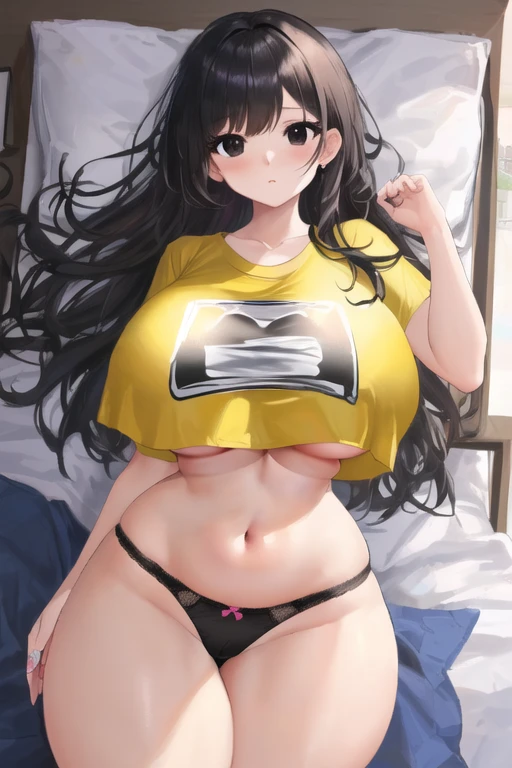 masterpiece, best quality, 1girl, (black hair, long hair, black eyes:1.2), cute, (crop top t-shirt, panties, clothes way too small, extremely tight clothes:1.3), bedroom, (curvy, slim waist, bottomheavy, gigantic thighs, extremely wide hips, huge breasts, bursting breasts, underboob:1.2)
