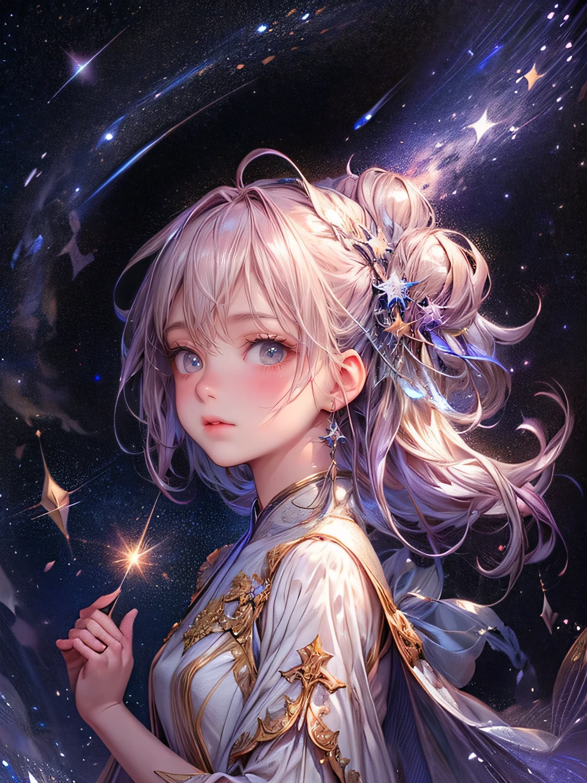 octans,Star Fairy,燦めくStars in the night sky,milky way,transparent bowl gown dress(flowing),beautiful delicate(Stars in the night sky,hair,face,eyes,lips,skin,clothes),sparkling eyes,bright rosy lips,view from side