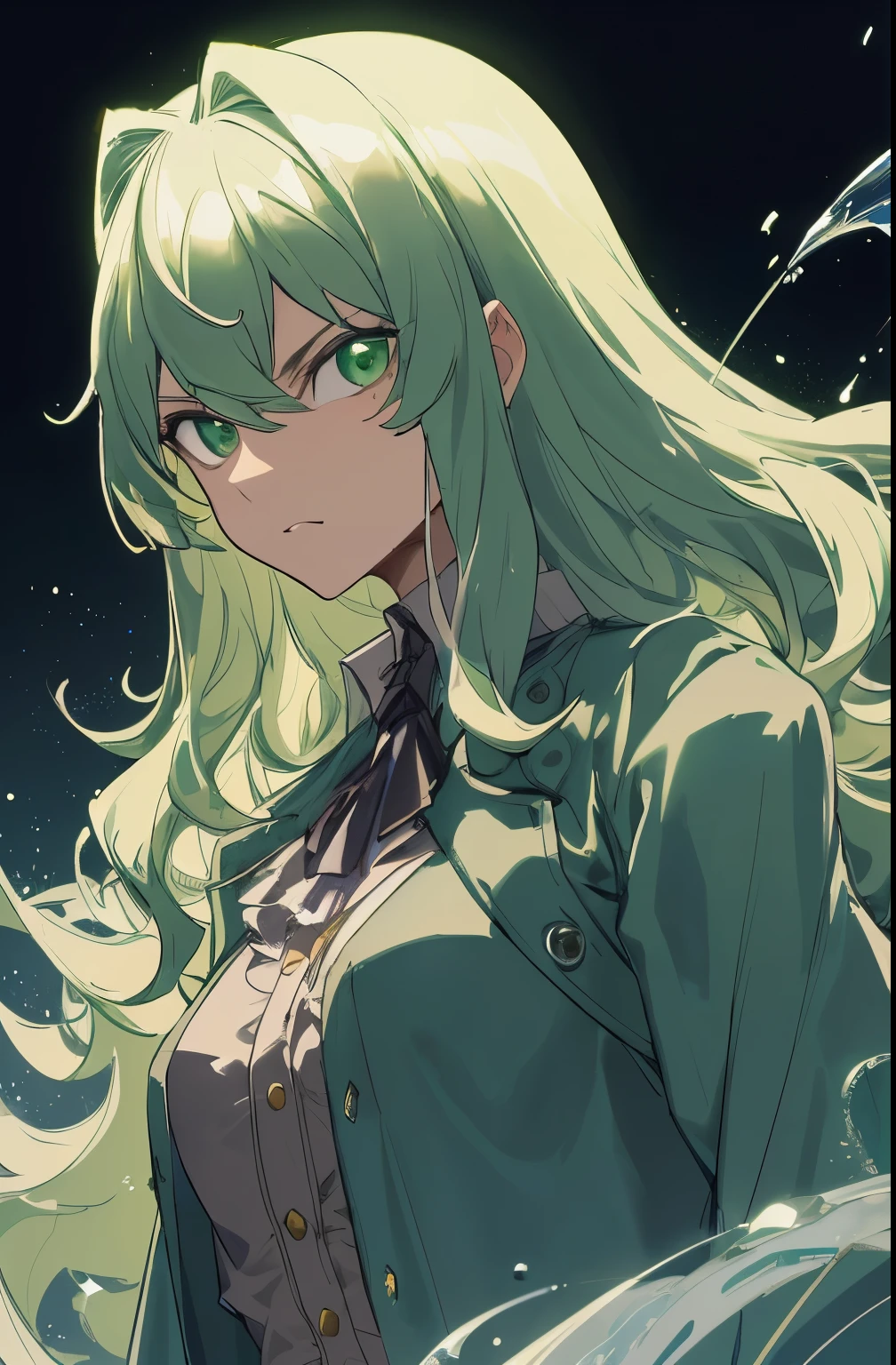 ultra detailed, masterpiece, best quality, solo, cowboy shot, facing viewer,girl, really shiny wavy long emerald color hair, wearing a gray  trenchcoat, emerald eyes, serious expression, receptive, using a device on her arm that emits a green light