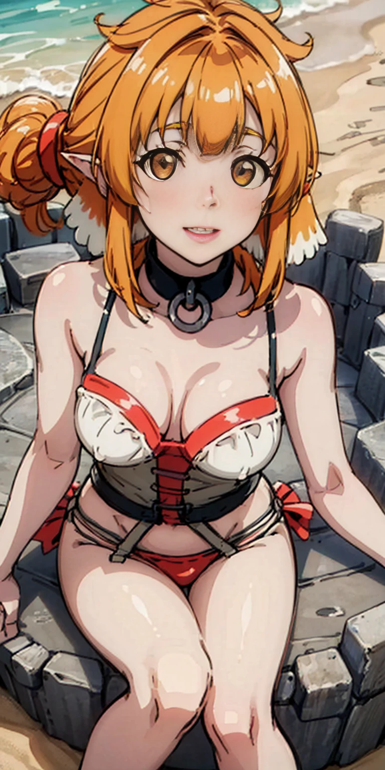 ((((Roxanne)))), dog ears, dog tail, large breasts, 2 girl in a swimsuit, facing a cute viewer, (((sherry))), hair_ornament, hair_tie, [[[elf ears]]], a sand castle beach. She will build a sand castle. (( High image quality)), (((Top quality))),　Smile, detailed face, perfect hands, pronounced breasts, small waist,  long legs, (black_hairband), (roxanne), [large breasts]