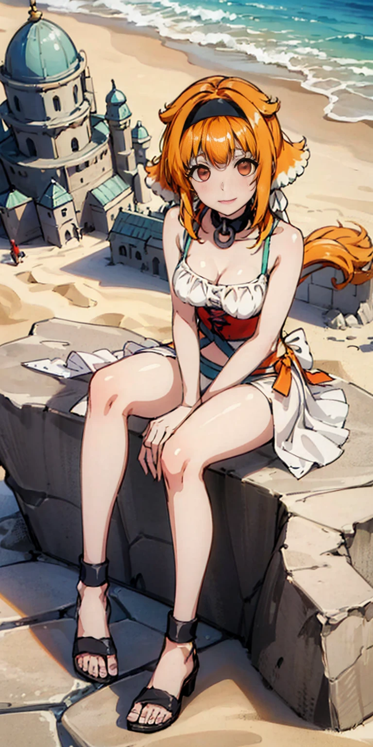 ((((Roxanne)))), dog ears, dog tail, large breasts, 2 girl in a swimsuit, facing a cute viewer, (((sherry))), hair_ornament, hair_tie, [[[elf ears]]], a sand castle beach. She will build a sand castle. (( High image quality)), (((Top quality))),　Smile, detailed face, perfect hands, pronounced breasts, small waist,  long legs, (black_hairband), (roxanne), [large breasts]