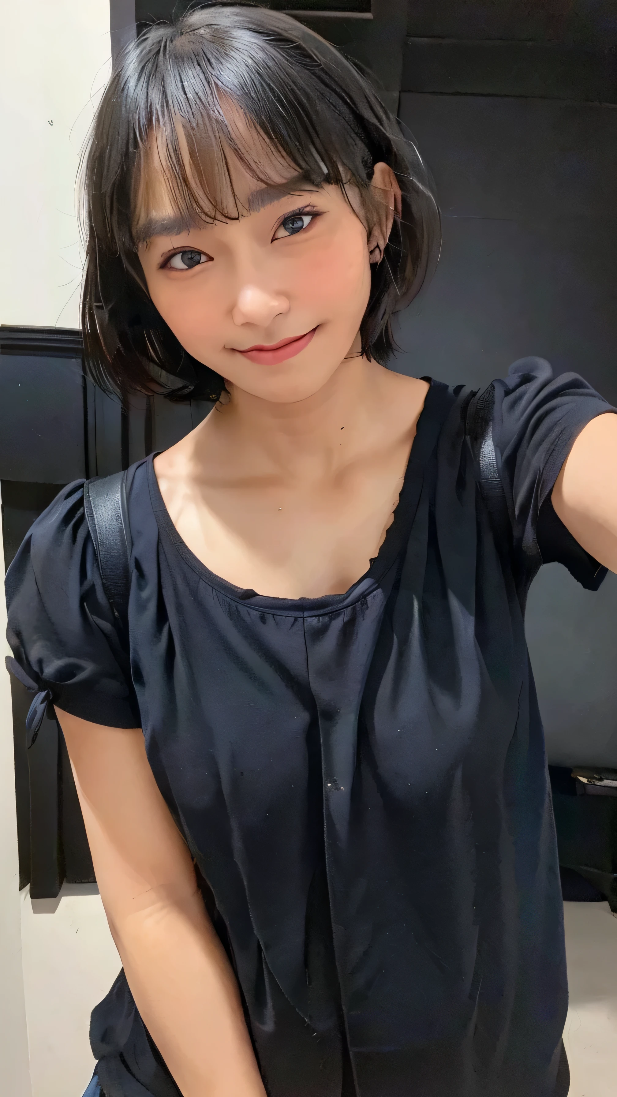 black shirt, cowboy shot, masterpiece, beautiful, (1girl, freya jkt48, lips, black eyes, short hair,closed mouth, little smile, photorealistic:1.3), looking at viewer, huge breast, proportional size breast, bathroom, ((Best quality, 8k,low pov, tight black shirt, Masterpiece :1.3)), pregnant:1.0