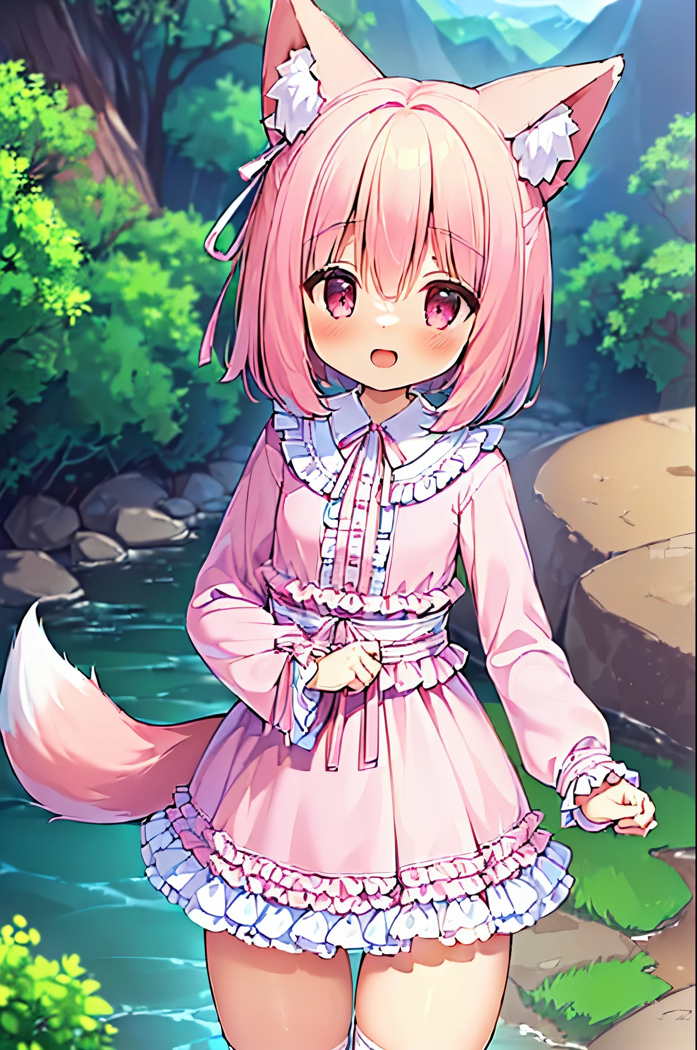 (((masterpiece))), (((最high quality))), (((high quality))), (((beautiful))), (((8k))), (((High resolution)) (((超High resolution))), (((High resolution))), (((Superb illustrations))), (Pink Short Hair:1.3), (Pink fox tail:1.4), (Pink fox tail:1.2), Pink fox ears, (Pink Eyes), (super small breasts:1.5), (Ultra-flat chest:1.4), (Cowboy Shot:1.3), (Cowboy Shot:1.4), (laughing:1.3), (White long sleeve blouse:1.4), (Shorts:1.4), (frills and ribbons:1.5), (In the mountains:1.3), (On the banks of the creek:1.5)