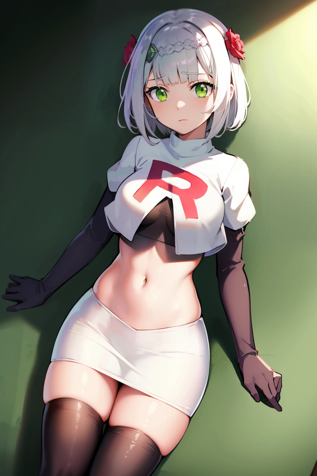 genshinnoelle, noelle, braid, flower, hair flower, hair ornament, short hair, silver hair, (green eyes:1.5),team rocket,team rocket uniform,white skirt,red letter R,crop top,black thigh-highs,black elbow gloves
