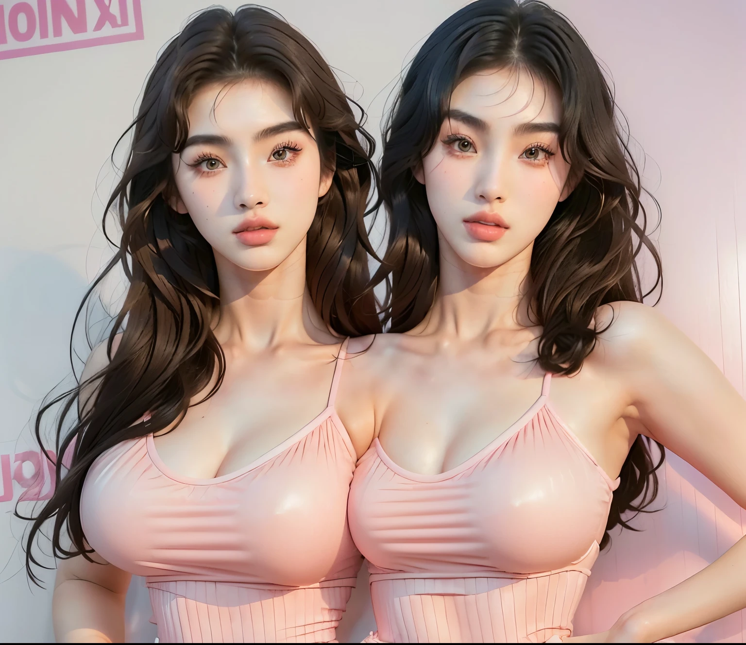 bestresolution, (2heads:1.2), korean teenage girls,pink dresses posing for a picture,  bella thorne and megan fox, charli bowater, charli bowater and artgeem, conjoined twins, siamese twins, looking this way, ana de armas,by Winona Nelson, charli xcx, absolutely