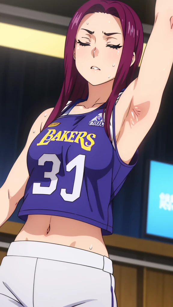 Ryouko Sakaki, Food Wars, a close up of a person wearing a basketball uniform, a picture, inspired by Kentaro Miura, trending on pixiv,  wearing yellow nba jersey, yellow croptop nba jersey, wearing a low cut croptop, wearing croptop, croptop, the words "Lakers" written on the croptop, golden raito, (winking), shirobako, large, favorite scene, fine details. anime. skins, sweating, big breasts, both hands raised, armpits, armpits visible, dripping with sweat, more more sweat, sweaty armpits, nipples hard.