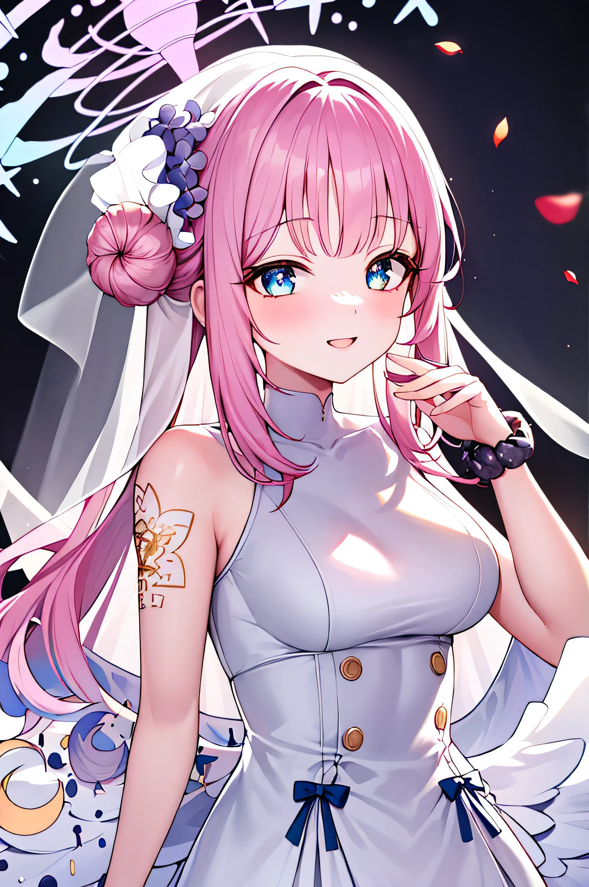 masterpiece, best quality, high resolution, unified 8k wallpaper, Pink Hair, 1 girl, Headband, Long hair, wedding dress, mini skirt, wedding_veil, , bouquet, Sea of Flowers, Cowboy shooting, Looking at the audience, grassland,fluttering petals,Smile,Medium bust,(Beautiful and delicate eyes:1.6), Extremely detailed face, Perfect lighting, Extremely detailed CG, (Perfect hands, Perfect anatomical structure),