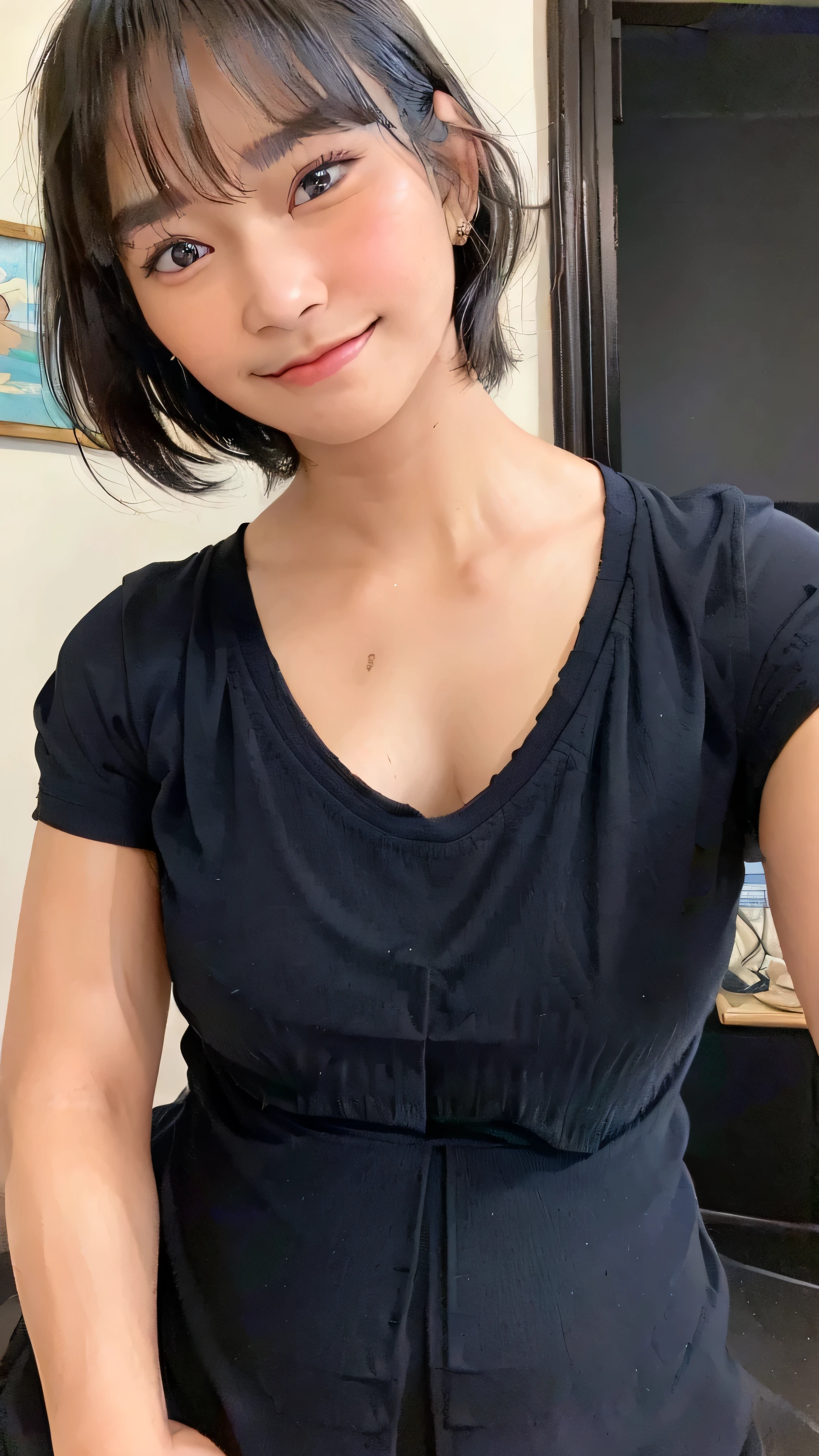 black shirt, cowboy shot, masterpiece, beautiful, (1girl, freya jkt48, lips, black eyes, short hair,closed mouth, little smile, photorealistic:1.3), looking at viewer, huge breast, proportional size breast, bathroom, ((Best quality, 8k,low pov, tight black shirt, Masterpiece :1.3)), pregnant:1.5