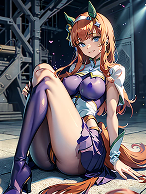 leotard、Beautiful feet、Super huge 、Grinning face、Silence Suzuka(Uma Musume)、(Purple Pantyhose)、Knee-high boots、Like the whole body、Emphasis on the crotch、Only nipples、Lie down with your legs apart