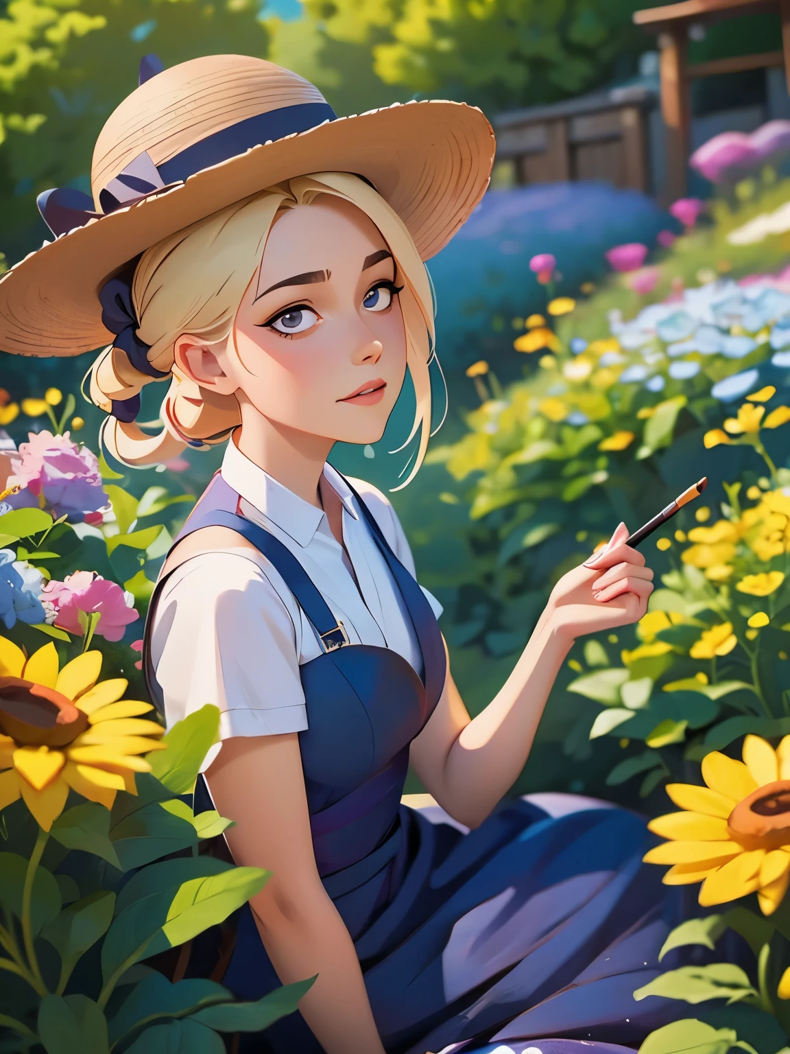 painting of a woman in a dress and hat sitting in a garden, an anime drawing by Yang J, Artstation, fantasy art, artwork in the style of guweiz, ”beautiful anime woman, beautiful character painting, beautiful anime portrait, made with anime painter studio, guweiz on artstation pixiv, beautiful anime woman