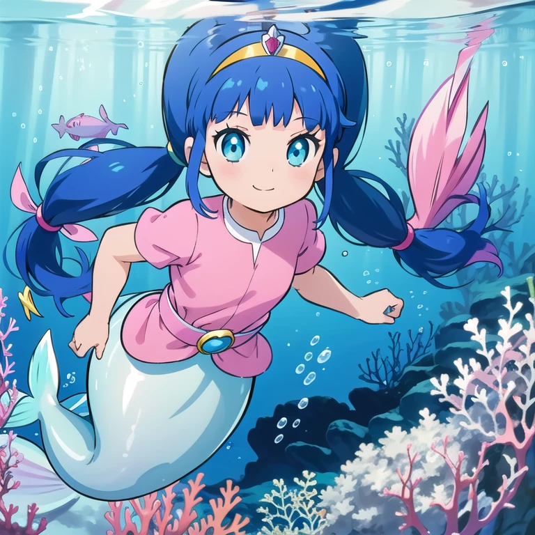 masterpiece,best quality,1girl,sophie \(doraemon\),blue hair,blue eyes,long hair,twintails,yellow hairband,tiara,belt,pink shirt,(mermaid,pink fish tail),smile,underwater,submerged,coral,full body,