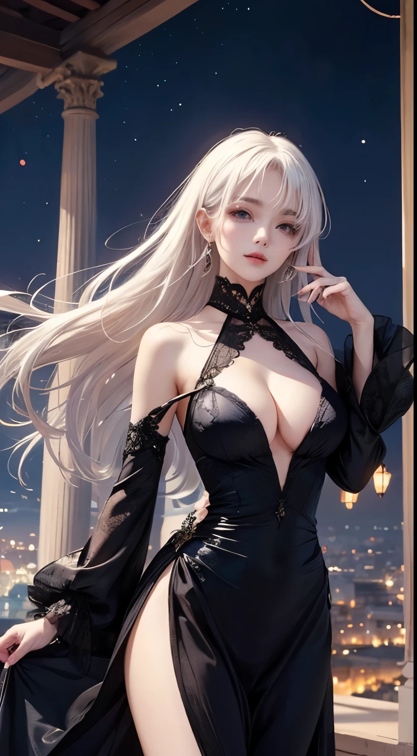 Night scene,（White Hair Girl:1.5）,（（masterpiece））、（detailed：1.4）（Close-up）、angle from above、（Backlight）(A fantastic atmosphere、Ancient Capital、Fantastic beauty images,One Woman、White Dust、Light Danceysterious atmosphere、Suspended particles), (Black Dress、long dress with sleeves、Dancing Girl、Put your hand to your mouth)、（Gray hair that changes with light、Super long and lustrous white hair、Long white hair that reaches down to her hips、white hair fluttering in the wind、Beautiful bangs:1.3）、（Beautiful white and shining skin、Cheek gloss highlight、Sexy and very beautiful and adorable face、The most beautiful face in the world、Big, sparkling blue eyes）、（A cute 25 year old girl、Ample breasts、Great cleavage small waist、delicate shoulders、Perfect figure） Look here、Laugh mischievously、sexy pose