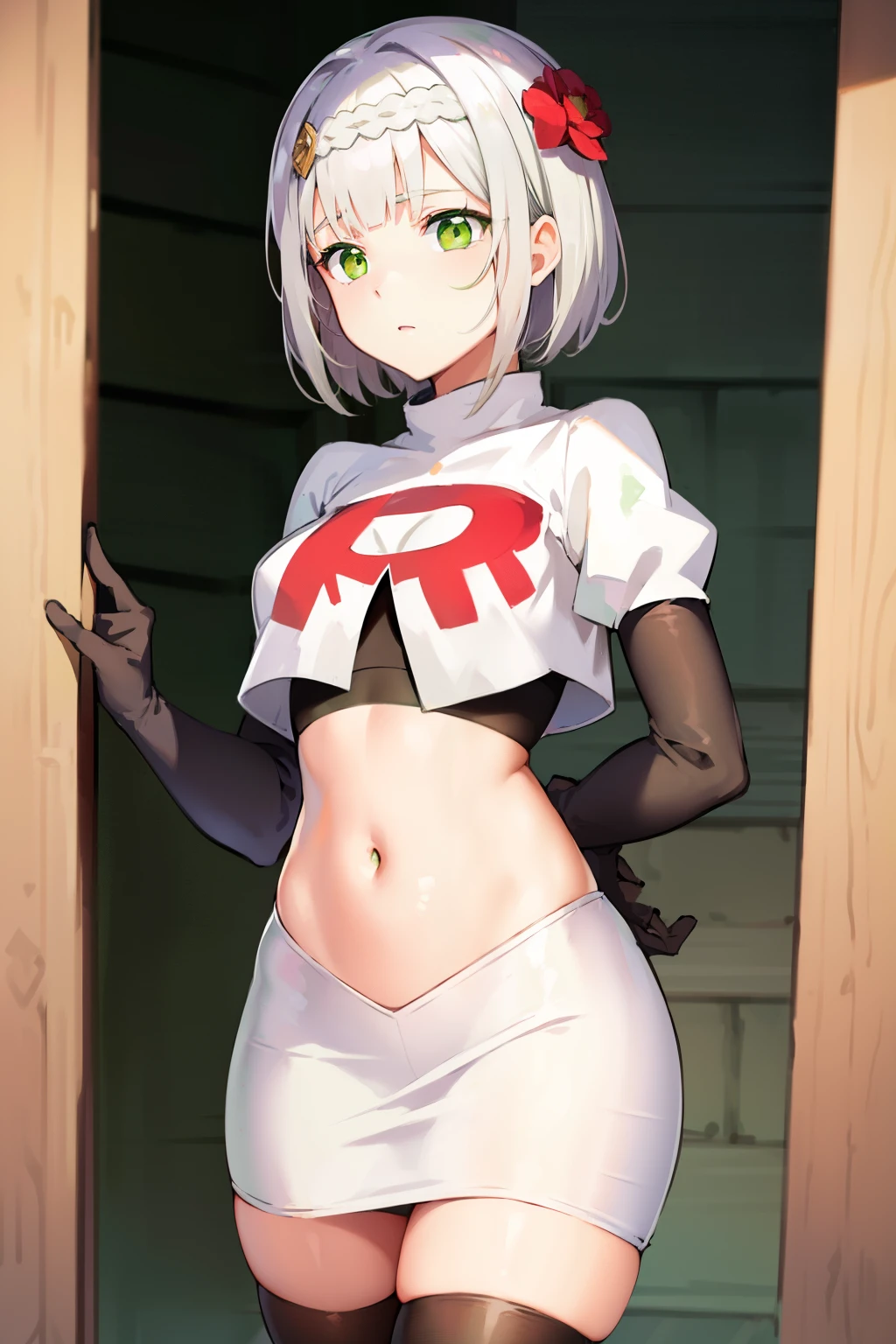 genshinnoelle, noelle, braid, flower, hair flower, hair ornament, short hair, silver hair, (green eyes:1.5),team rocket,team rocket uniform,white skirt,red letter R,crop top,black thigh-highs,black elbow gloves