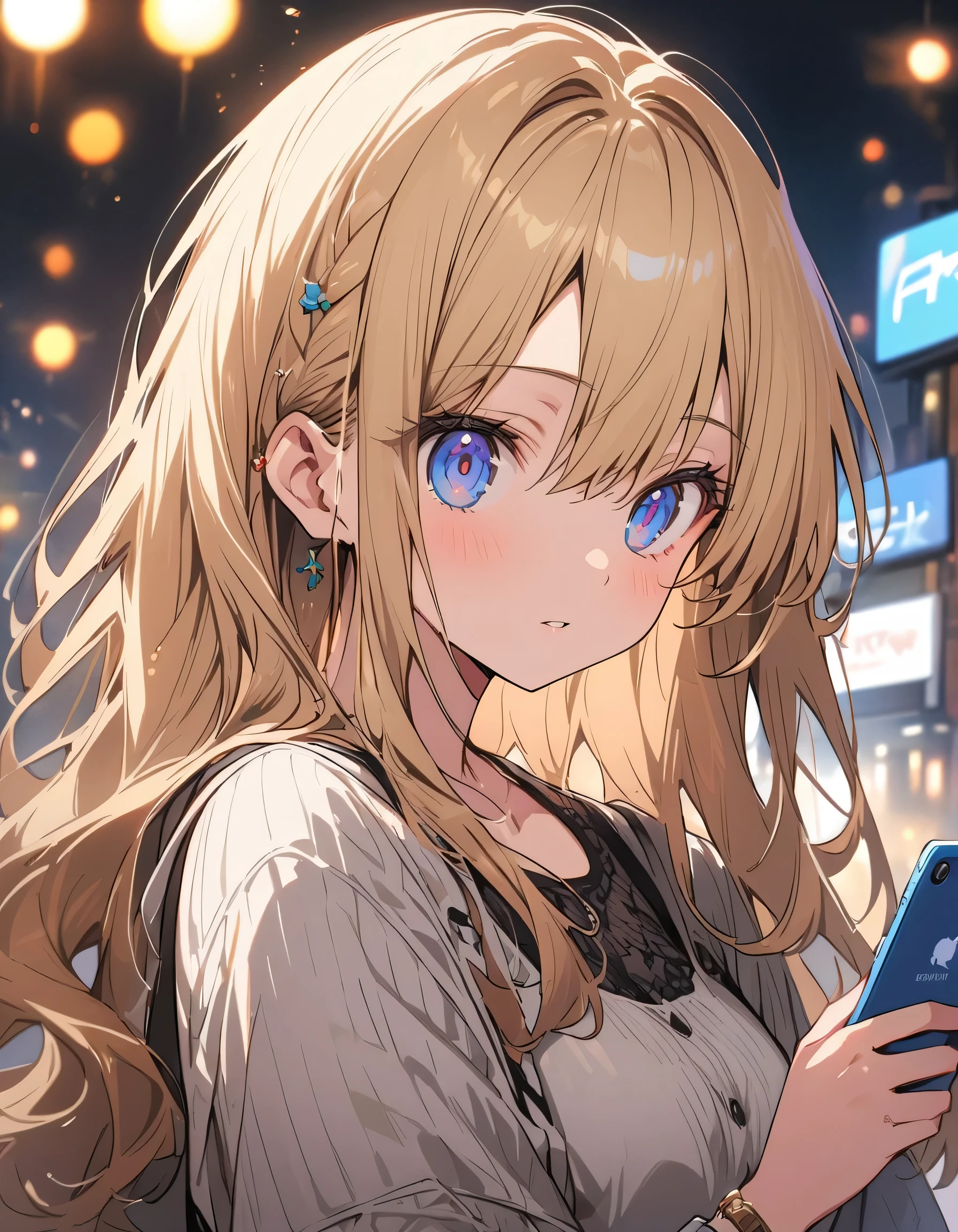 Anime Girl, Cute casual clothes, (Operating a smartphone), masterpiece, (highest quality、masterpiece、High resolution、detailed)、anime style、Flat Style、(Beautiful Eyes, Delicate and beautiful face, ), BREAK, extremely detailed、High saturation、Dynamic Angle、anime、In the city、Background Blur
