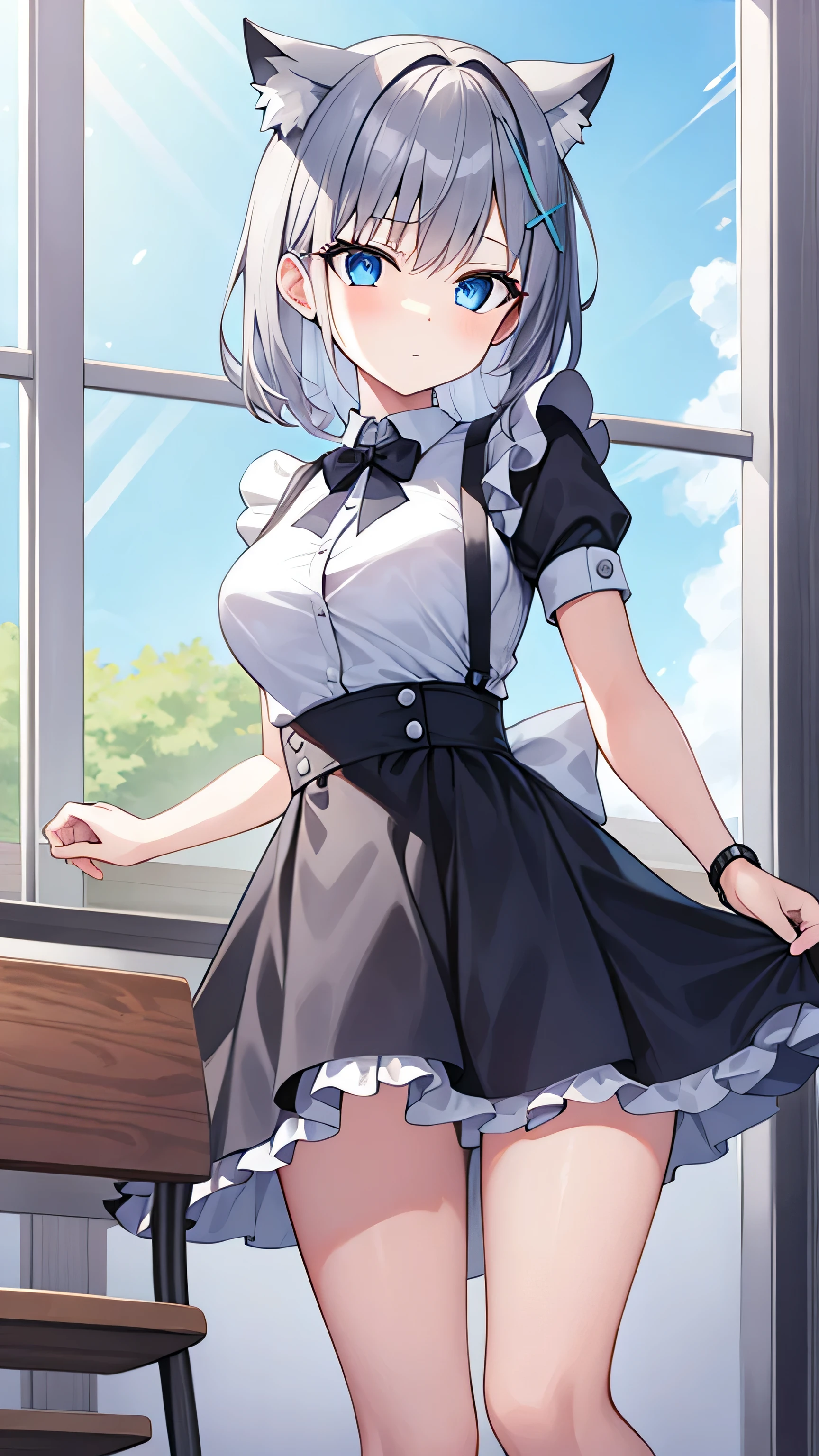 1 girl, , Solitary, lift your legs, shorthair, skirt, White_hair, maid_have, Watch_Take a step back, Watch_Shown in_Peeping at the audience, By Bangs, Black_lift your legs, Blushed, Black_skirt, he himself, short_sleeve, clothing_lift, wrist_cuff, decorate, skirt_lift, Big deal_, lifted_Pasado_Self-expression, Translucent liquid from_Shown in the back, maid, Fluffy_short_sleeve, Side lock, Fluffy_sleeve, crops_top, blunt_By Bangs, , awago outh, Big deal腿, Black_have eyes, chair, Kneel down, Frilly_skirt, _go out, Shown in indoors, window,