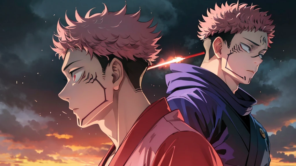 Two man adults, Ryomen Sukuna and Itadori Yuuji, Jujutsu Kaisen, muscules in body,  pink hair, short hair, red eyes, normal eyes,  Kimono, spear,  tempest light and rain,  cinematographic and vivid paisage beautiful 

 