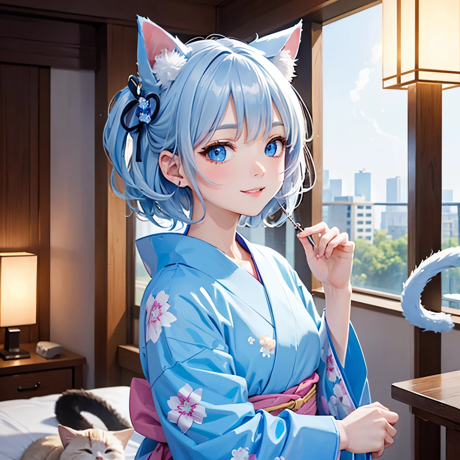 (8k, HDR, RAW photo, best quality, masterpiece:1.2, realistic lighting), overhead view, dynamic angle, Korean girl, (thin face), realistic beautiful face, very detailed face, smile, blush, horny expression, mouth open, (bob cuts hair), ((sky blue hair)), path traced hair, (sky blue cat ears), ((sky blue eyes)), beauty eyes, (flat chest), (small breast), thick thighs, kimono white lingerie, (japanese home:1.3), look up, upper body