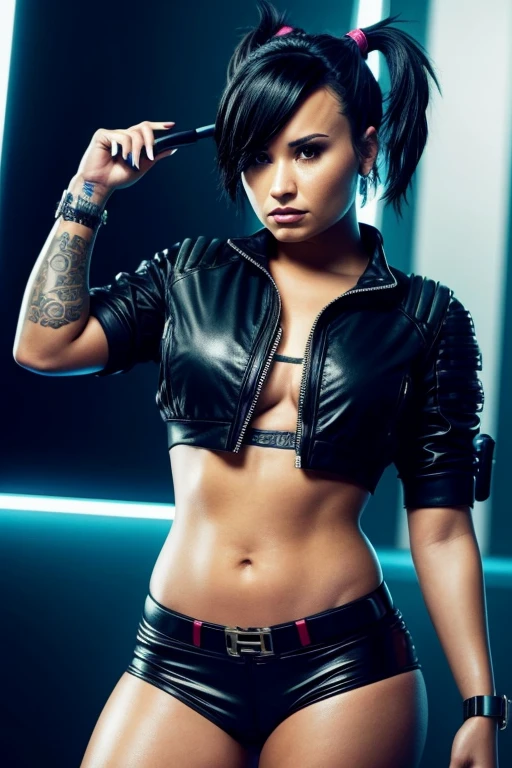 Demi Lovato, short hair, short black hair, very short pigtails, 25 years old, toned, sexy cyberpunk