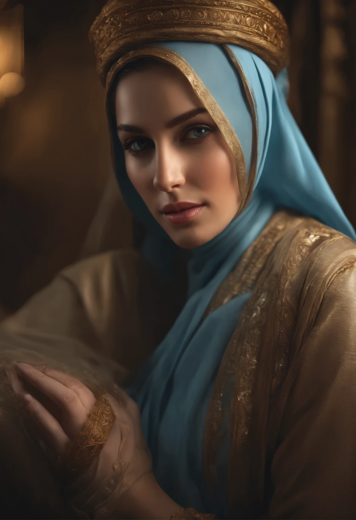 best quality, masterpiece, 8k, ultra high res, (photorealistic:1.4), highly detailed, intricate detail, delicate and beautiful, good lighting, professional lighting, sharp focus, detailed shadows, exquisite details and textures, depth of field, unity 8k wallpaper,, (best quality, masterpiece, photorealistic, hyperrealism:1.2), (masterpiece), (best quality), (high quality), (ultra quality), (Raw Photo, 32k), (extremely intricate:1.2), (exquisitely detailed skin), finely detailed face, finely detailed eyes, ultrarealistic, (highres), highest resolution, realistic, photorealistic, 1girl european, in pastel blue overallgonwn, Muslim abaya and hijab, hair covered in yellow hijab thigh highs, fierce expression 4kfull body, realism, cleavage,,,,, Full size image, realistic bright photo, best quality, detail, 8K, realism, 25 years old