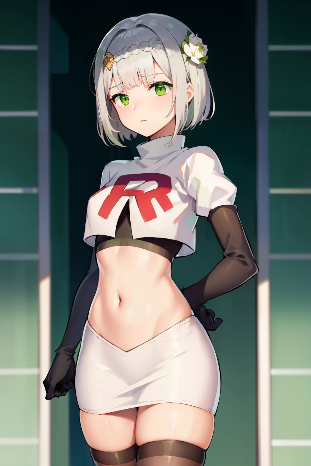 genshinnoelle, noelle, braid, flower, hair flower, hair ornament, short hair, silver hair, (green eyes:1.5),team rocket,team rocket uniform,white skirt,red letter R,crop top,black thigh-highs,black elbow gloves 