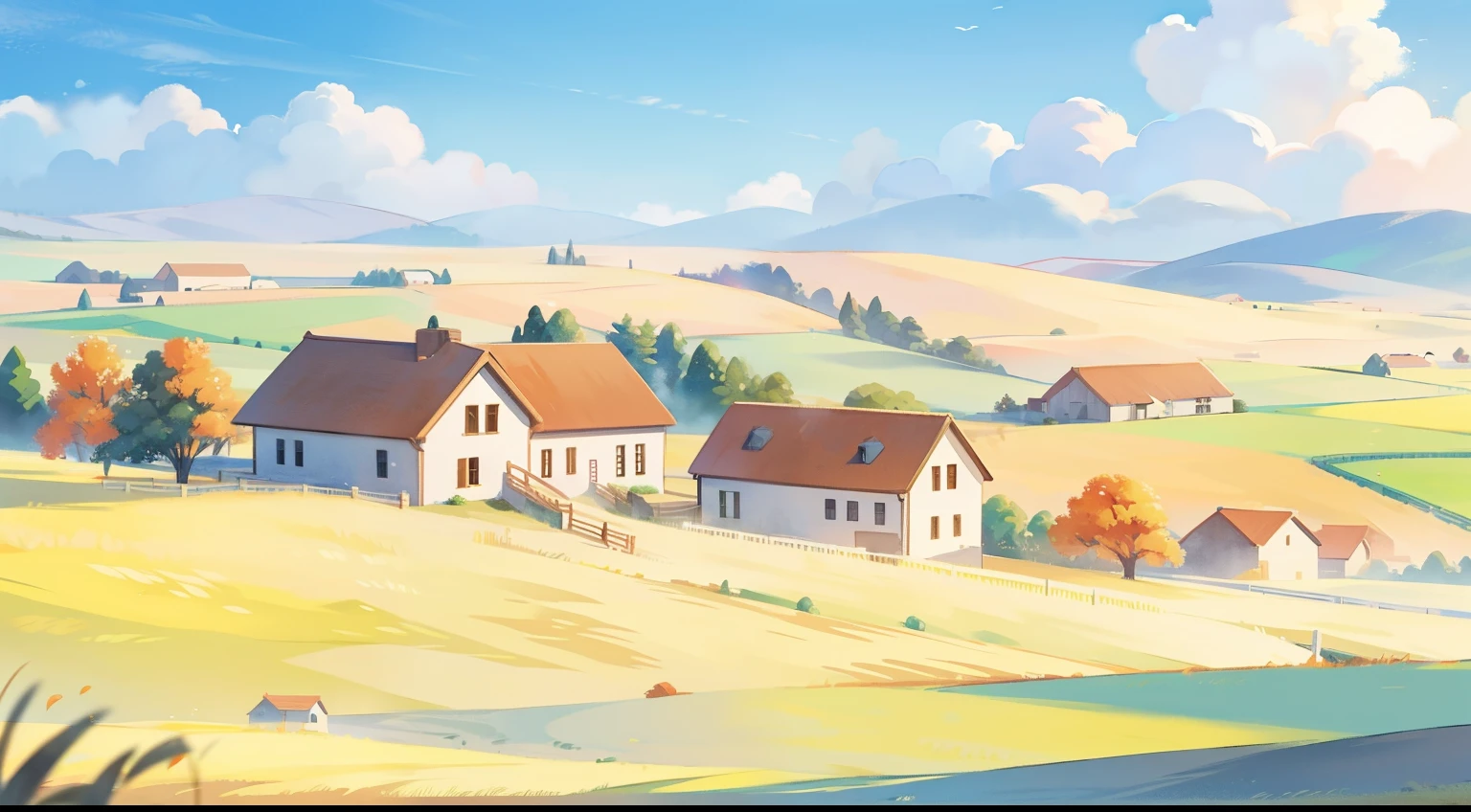 Watercolor storybook illustration, Warm autumn colors, Intricate details, Rural wheat fields，sunny，Tianli is full of big ears of wheat