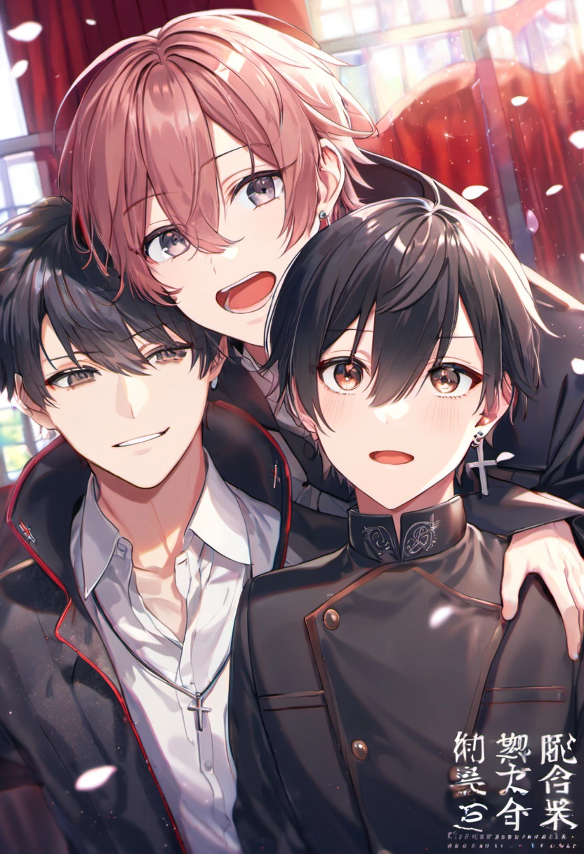 absurdres, highres, ultra detailed, HDR, master piece, best quality, perfect face, delicate features, beautiful eyes, Giou Yuki, pink-brown hair, without bangs, expressive brown eyes, Uragiri wa boku no namae wo shitteiru, Crosszeria Luka, black hair, hair between the eyes, expressive grey eyes, two men together, gay couple, handsome, black coat, cross necklace, black gloves, silver earring, window, red curtains, petals