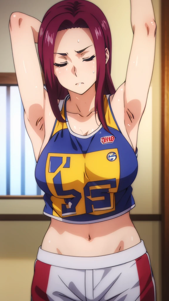 Ryouko Sakaki, Food Wars, a close up of a person wearing a basketball uniform, a picture, inspired by Kentaro Miura, trending on pixiv, wearing yellow nba jersey, yellow croptop nba jersey, wearing a low cut croptop, wearing croptop, croptop, the words "Milker" written on the croptop, golden raito, (winking), shirobako, large, favorite scene, fine details. anime. skins, sweating, ???????????, both hands raised, armpits, armpits visible, dripping with sweat, more more sweat, sweaty armpits, ??????? ????????.