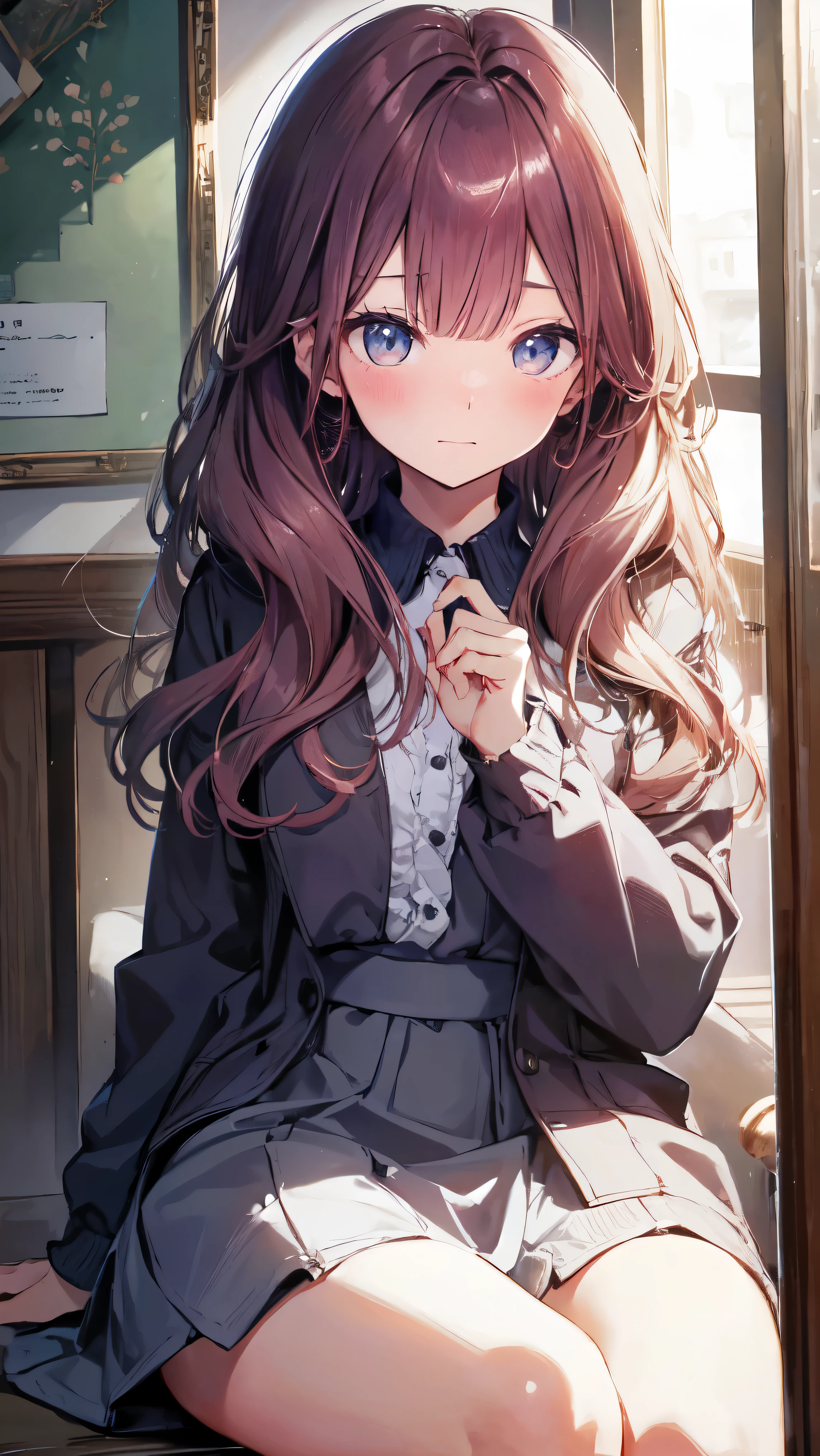 Masterpiece、Highest quality、highest quality、(((Lori)))、 ((Blushing with a shy expression))、Shiny hair quality、Small face、Sitting、Super detailed, beautiful, wide eyes、Ultra-detailed, clear and beautiful faces、(cute illustration:1.2), High-resolution, ultra-detailed, best quality, embarrassed