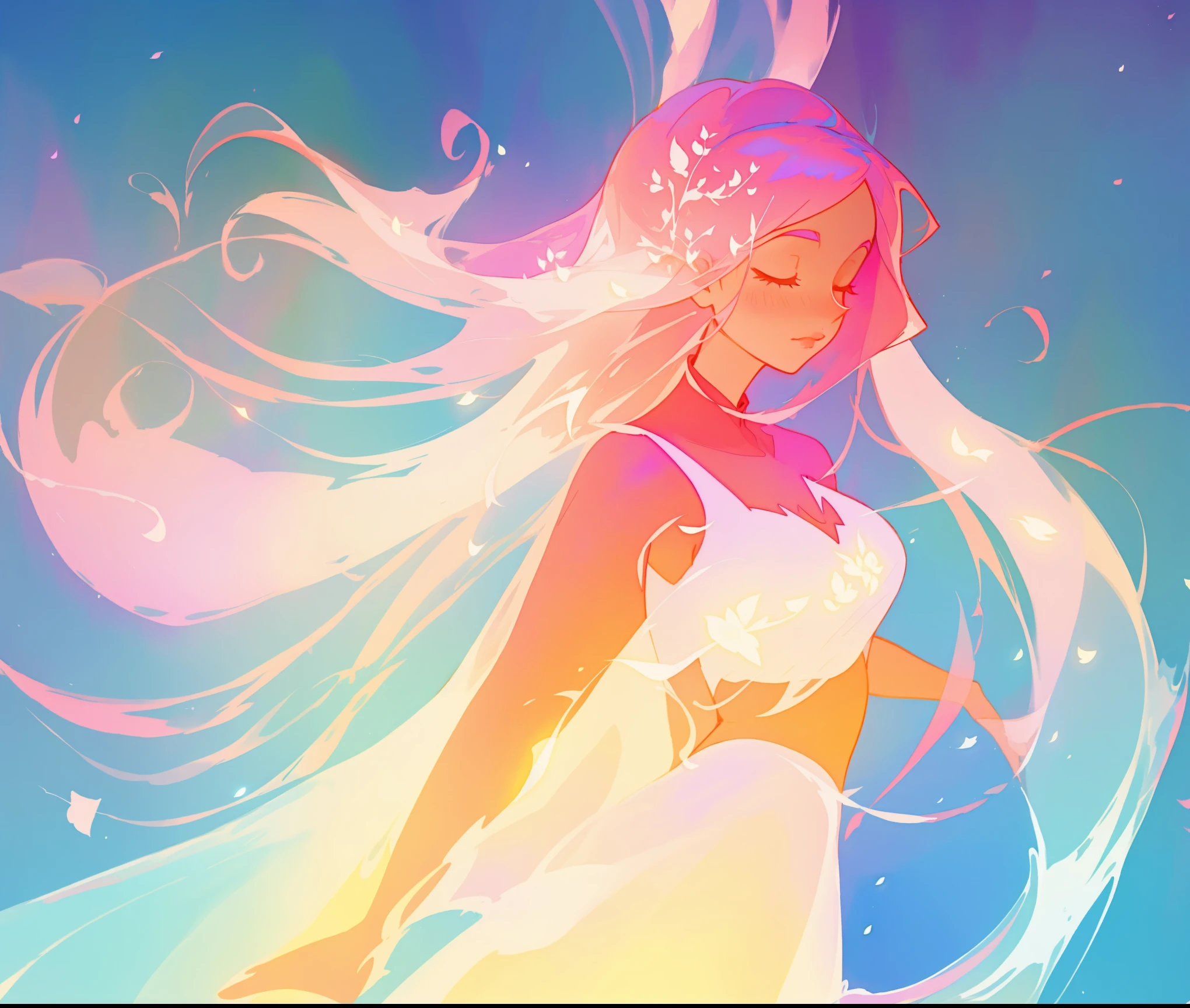 beautiful girl in white arabian style two piece dress, long colorful pink hair, watercolor illustration, inspired by Glen Keane, inspired by Lois van Baarle, disney art style, by Lois van Baarle, glowing aura around her, by Glen Keane, jen bartel, glowing lights! digital painting, flowing glowing hair, glowing flowing hair, beautiful digital illustration, fantasia otherworldly landscape plants flowers, beautiful, masterpiece, best quality, anime disney style