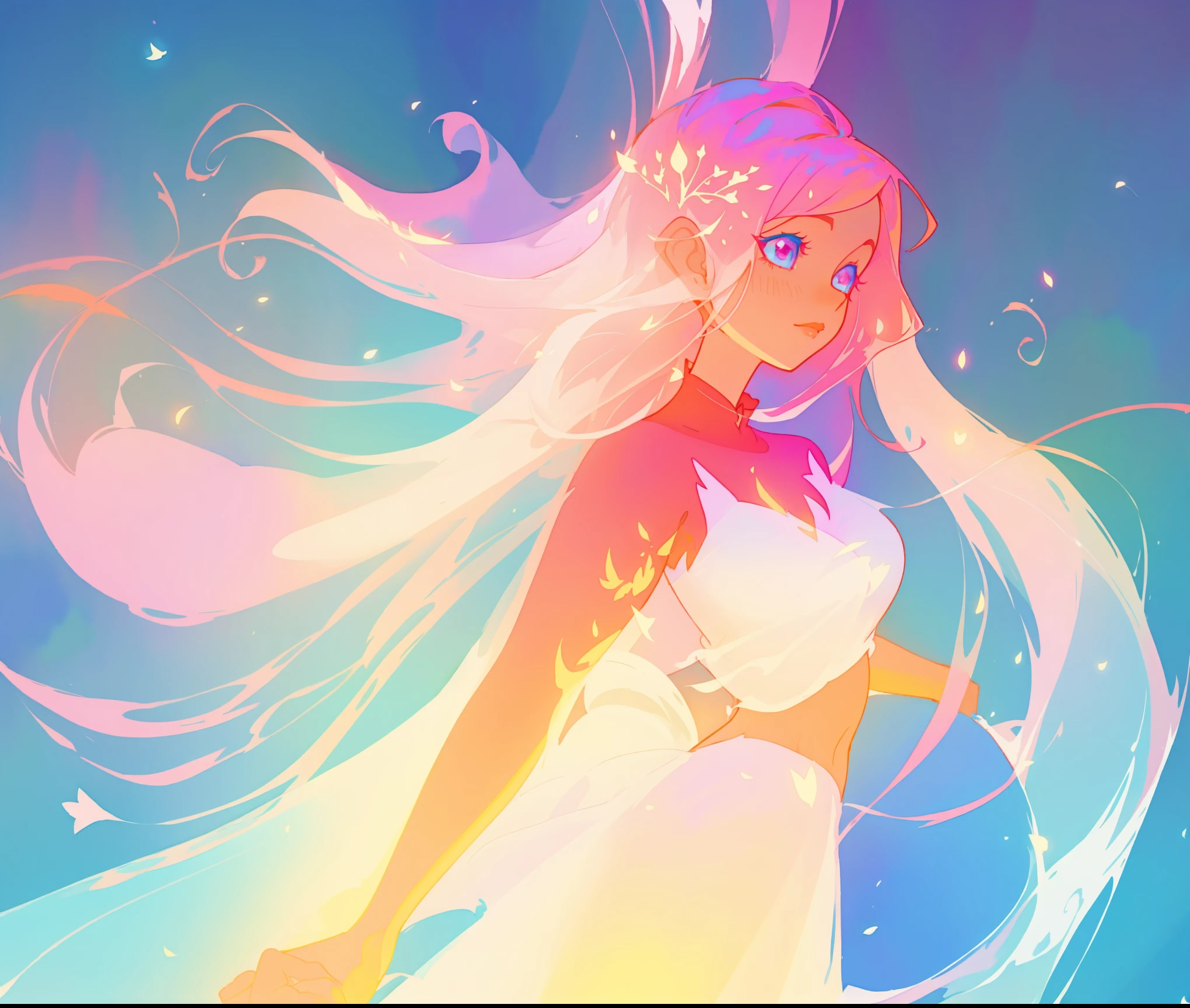 beautiful girl in white arabian style two piece dress, long colorful pink hair, watercolor illustration, inspired by Glen Keane, inspired by Lois van Baarle, disney art style, by Lois van Baarle, glowing aura around her, by Glen Keane, jen bartel, glowing lights! digital painting, flowing glowing hair, glowing flowing hair, beautiful digital illustration, fantasia otherworldly landscape plants flowers, beautiful, masterpiece, best quality, anime disney style
