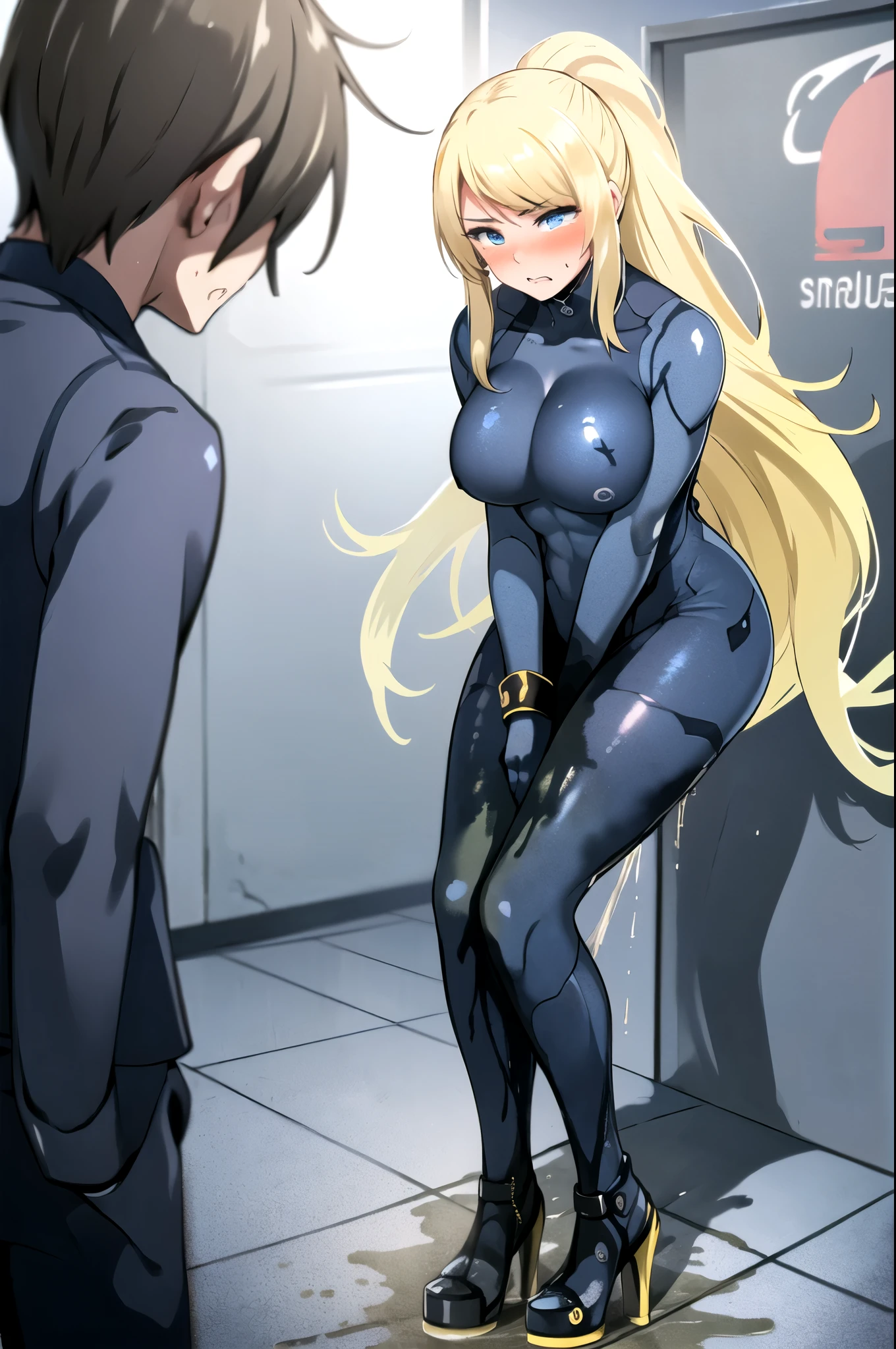 samus aran, (facing viewer:1.25), ponytail, large breasts, hair tie, blue gloves, blue bodysuit, (full bodysuit:1.5), high heels, (standing straight:2.0), peeing herself, (wetting herself:1.5), very large peeing stain, huge pee stain, best quality, ultra-detailed, HDR, studio lighting, professional, vivid colors, sharp focus, physiologically-based rendering, bokeh, landscape, blue color palette, soft lighting, dynamic shadows, (hands on thighs:1.5), embarrassed, humiliation, blushing, angry, tears