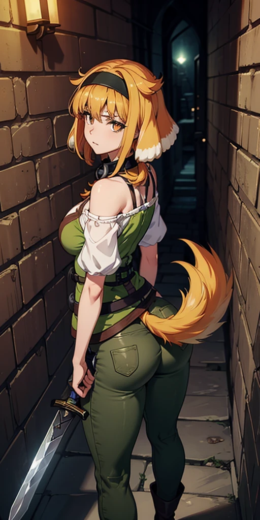 masterpiece, best quality, Roxanne, dog ears, black hairband, [[[green hairband]]], collar, off-shoulder shirt, cleavage, green vest, green pants, large breasts, holding sword, ((sword)), walking, looking back, (dog tail above butt), [[[focused]]], [[glaring]], holding weapon, hand on hilt, (((dirt))), (((((dungeon))))), ((maze)), (((medieval))), ((dark)), ((night)), glowing, orbs