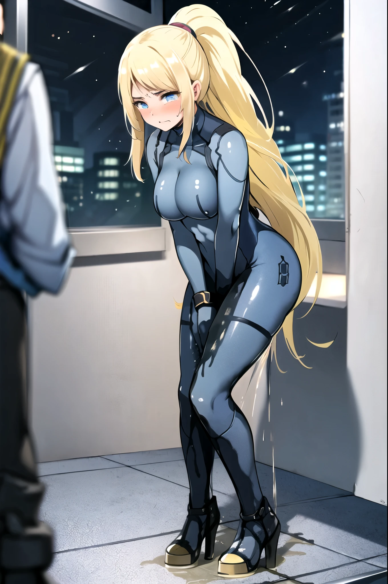 samus aran, (facing viewer:1.25), ponytail, large breasts, hair tie, blue gloves, blue bodysuit, (full bodysuit:1.5), high heels, (standing straight:2.0), peeing herself, (wetting herself:1.5), very large peeing stain, huge pee stain, best quality, ultra-detailed, HDR, studio lighting, professional, vivid colors, sharp focus, physiologically-based rendering, bokeh, landscape, blue color palette, soft lighting, dynamic shadows, (hands on thighs:1.5), embarrassed, humiliation, blushing, angry, tears