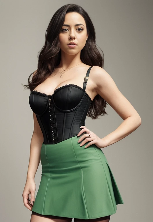 masterpiece, lifelike upper body image of AubreyPlaza, ((wearing black corset and green skirt)), photo realistic, resting bitch face, frowning, highly detailed, detailed face, windswept, dramatic lighting, perfect eyes, 