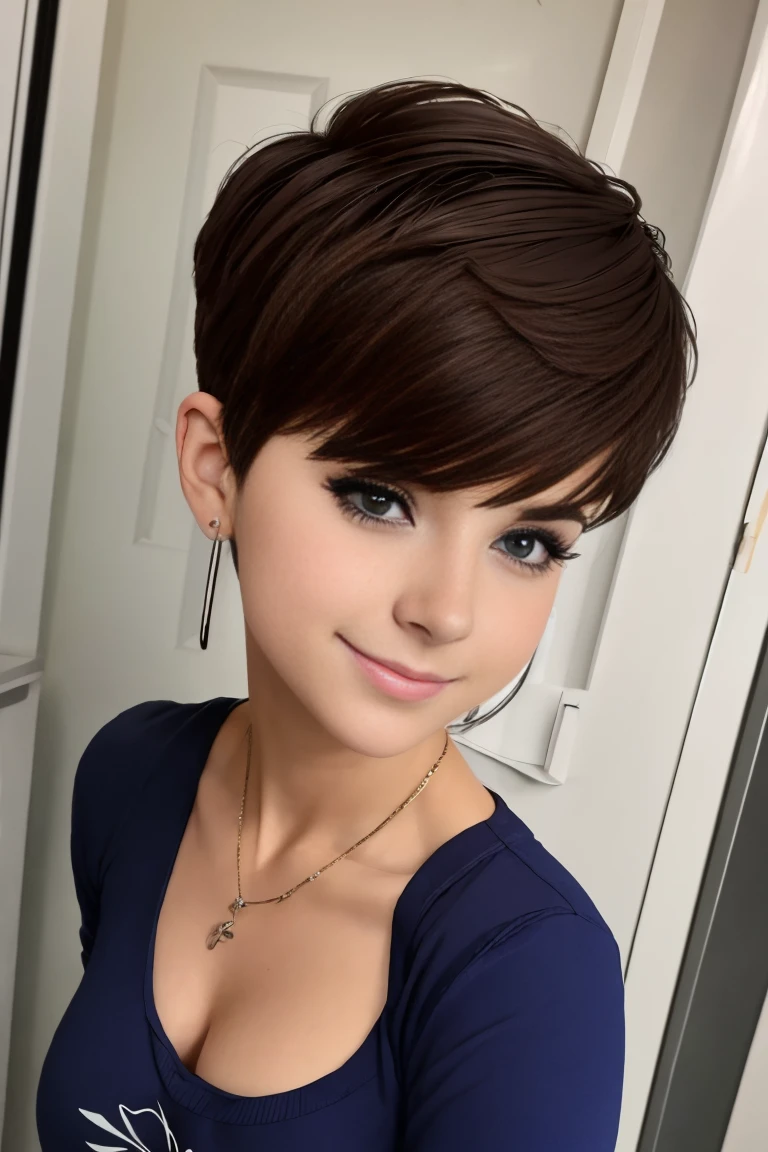 Girl with short light brown hair , cabello corto corte pixie , hermosa mujer adolesente, Hermosa mujer , Foto de una adolesente hermosa , linda sonrisa  ,lindo maquillaje , sombra de ojos morada   , hermosa chica adolesente , 18 year old  , lindo maquillaje , small nose ,pecas en mejillas y nariz, labios rojos  , sexy, hermoso cuerpo de nuker adolesente , fondo variado  , outfit grunge , viste camiseta purpura de manga corta tiene imagen de calavera ,cinturon blanco , falda color lila con imagenes de cuadros , botas largas con tacon , She also wears a whistle around her neck , foto de cuerpo completo , posa para foto de coerpo completo