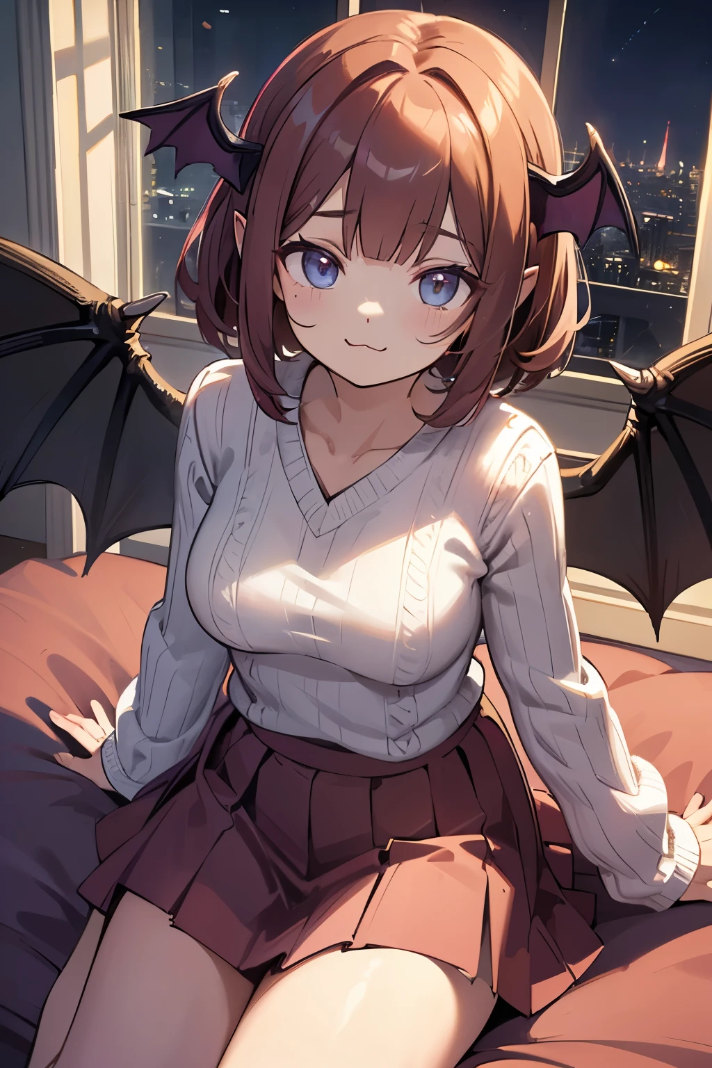 (8K, best quality, master piece: 1.2), super high resolution,1 16 year old succubus girl,ultra-detailed face, detailed eyes,luscious eyes,Looking up,(:3:1.3),face palm,pink skirt,white v-neck sweater,sleeve past wrists,curly bob hair,brown hair,head wings,Devil’s Wings,Sitting on the bed,Moonlight from the window,night,room