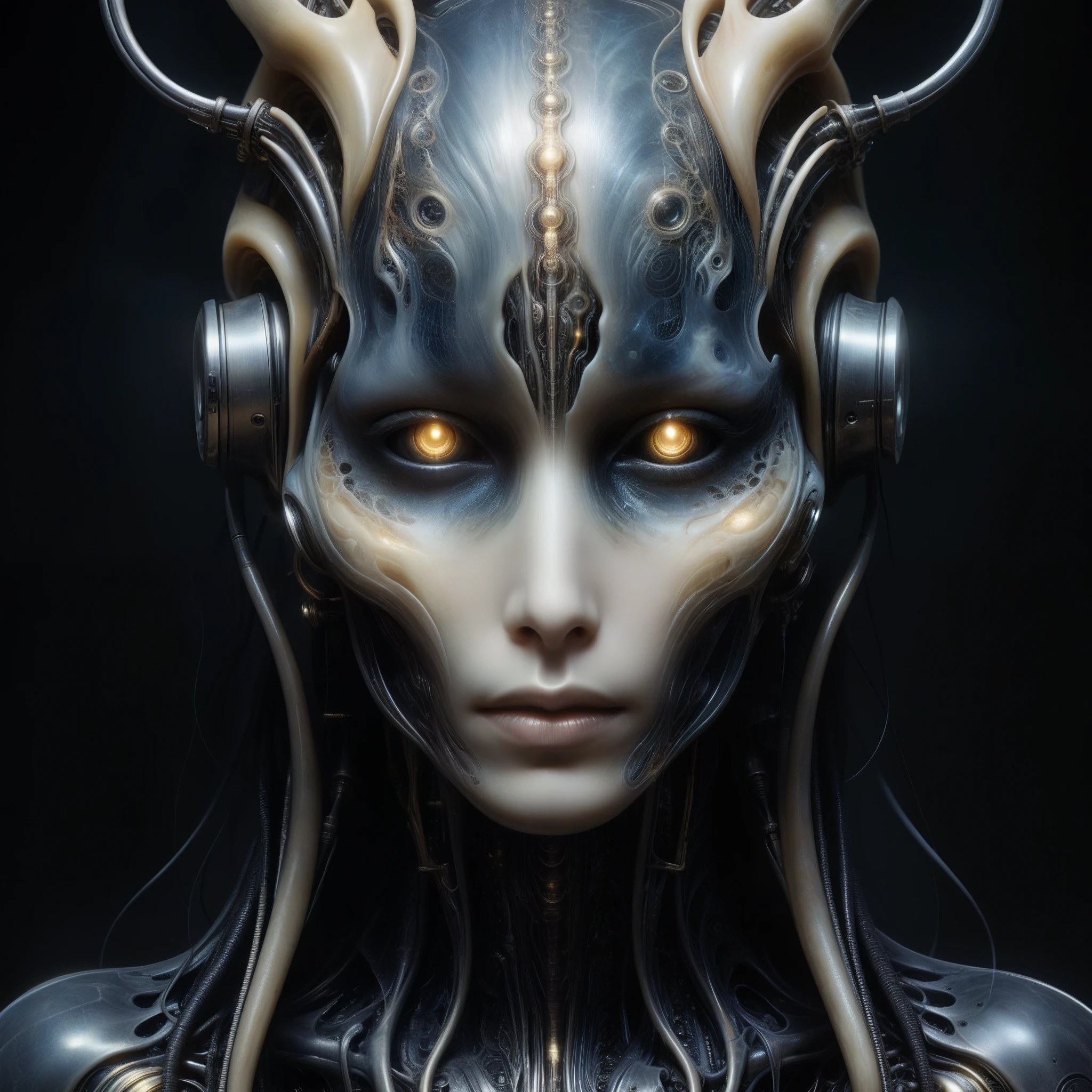 The prompt for the given theme is: "black color, ram's head, Death's scythe, infernal horror, overlooking, tattered clothes, downward gaze, illustrations, highres, ultra-detailed, dark fantasy, sharp focus, vivid colors, dramatic lighting, bokeh". female robot pilot, mechanical creature, electronic wires relays computer nerves, girl face, dystopian surrealism, alex ries zdzisaw beksinski giger, very intricate details, demon chinese female, deep luminous eyes contain galaxies, head contains nebula, deep aesthetic, concept art, carved silver circuits diodes resistors semiconductors, highly ornate
