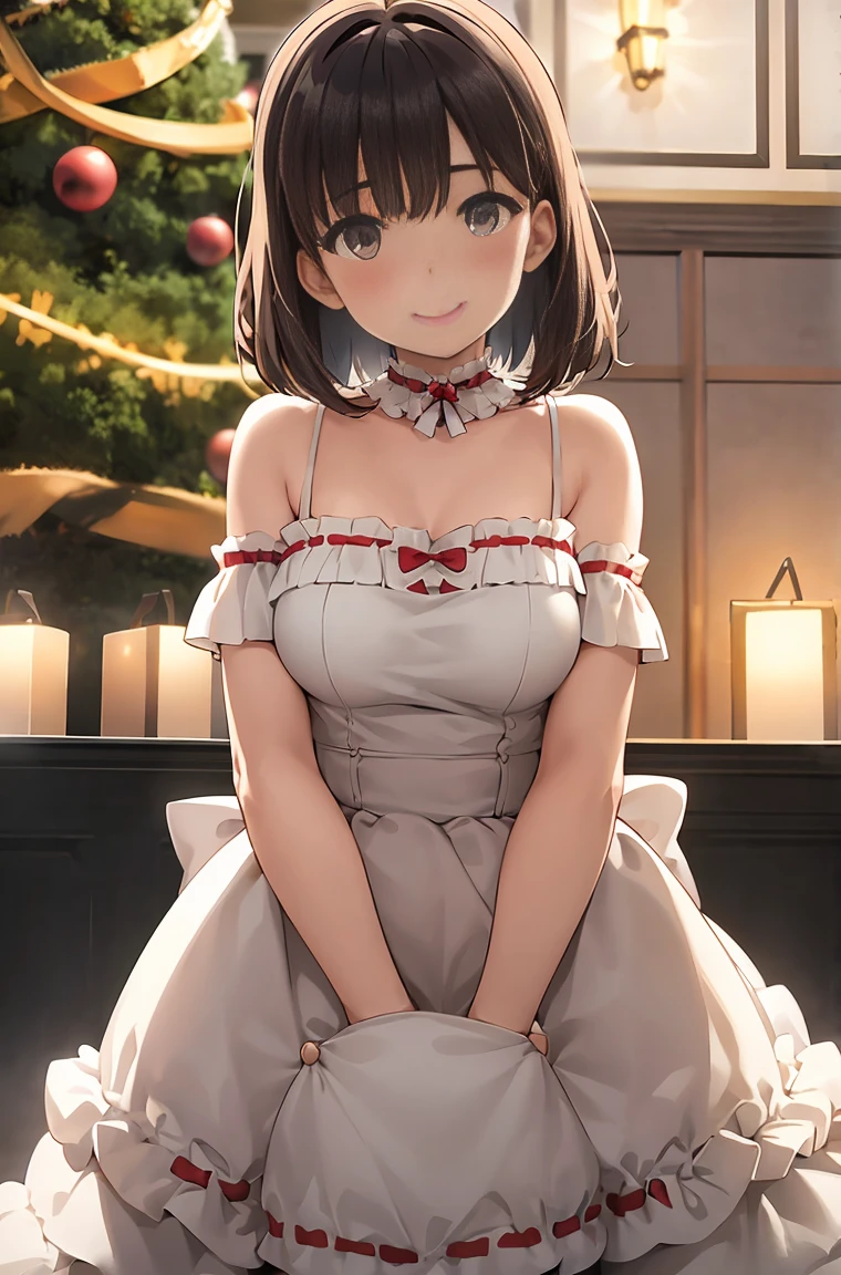 Realistic、Movie stills、Girl 2,Real Girls、Kindergarten girl,In front of a huge illuminated Christmas tree、write,now,Exposed girl、Show your vagina、shine、With a smile、fun、Warm and soft lighting、Shine,blush