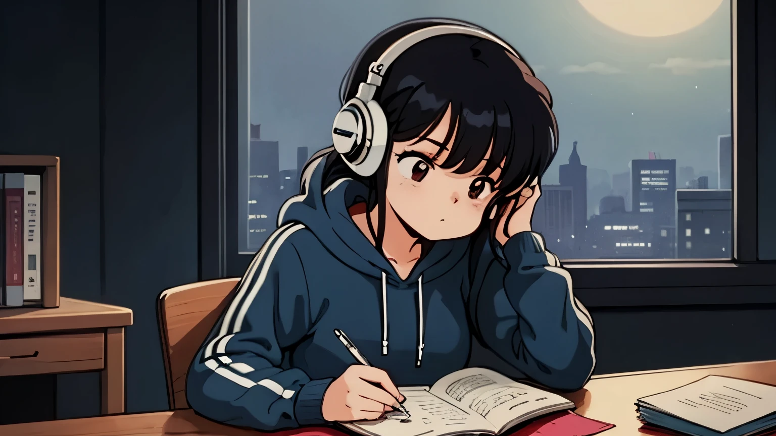 (80s anime),(city pop),(Ghibli),(ultra-detailed,master piece,best quality,high resolution,perfect eyes,perfect hands,ultra-detailed eyes,perfect fingers),(A girl wearing headphones and a hoodie and pants is studying hard at her desk in her room), (expressionless girl),(the girl doesn't look this way),(You can see the city pop-style night view from the window),(the girl is writing in a notebook,atmosphere of the night,so dark that you can see the night,so dark that you can see the night),(full body)