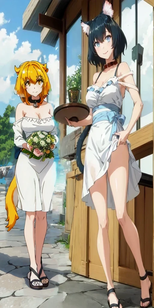 Roxanne, (bridesmaid:1.4), (white dress:1.2), looking at viewer, smile, :), dog ears, long fluffy dog tail, sandals, holding a tray, collar, ocean view, stone path, trees, gold yellow eyes