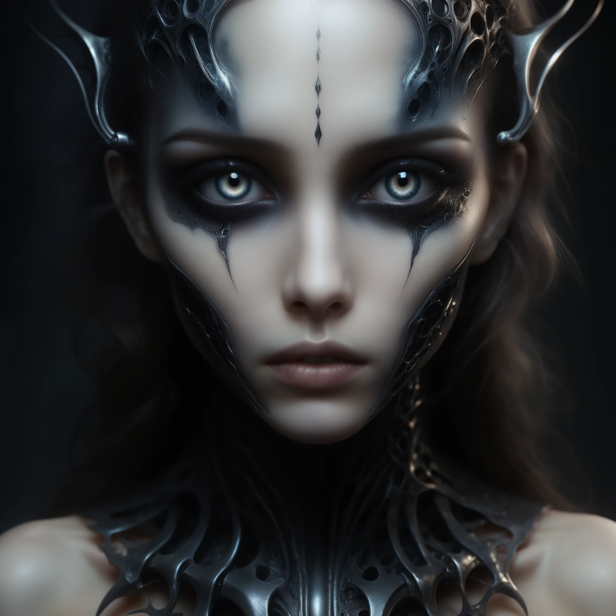 (best quality,4k,8k,highres,masterpiece:1.2),ultra-detailed,(realistic,photorealistic,photo-realistic:1.37),dark and eerie portraits,horror,nightmare scenery,ominous atmosphere,A girl with hauntingly beautiful eyes, surrealistic landscape,uncanny fusion of organic and mechanical features,shadows and darkness,distorted forms,unearthly creatures,demonic entities,biomechanical structures,gruesome details,sinister lighting,monochromatic color palette,obsidian-like textures,deep unease and discomfort,hypnotic and unsettling music,otherworldly soundscape,terrifying harmonies.