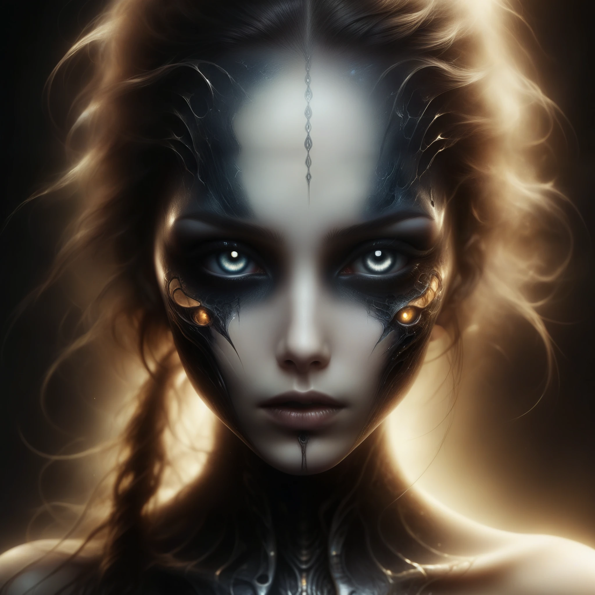 (best quality,4k,8k,highres,masterpiece:1.2),ultra-detailed,(realistic,photorealistic,photo-realistic:1.37),dark and eerie portraits,horror,nightmare scenery,ominous atmosphere,A girl with hauntingly beautiful eyes, surrealistic landscape,uncanny fusion of organic and mechanical features,shadows and darkness,distorted forms,unearthly creatures,demonic entities,biomechanical structures,gruesome details,sinister lighting,monochromatic color palette,obsidian-like textures,deep unease and discomfort,hypnotic and unsettling music,otherworldly soundscape,terrifying harmonies.