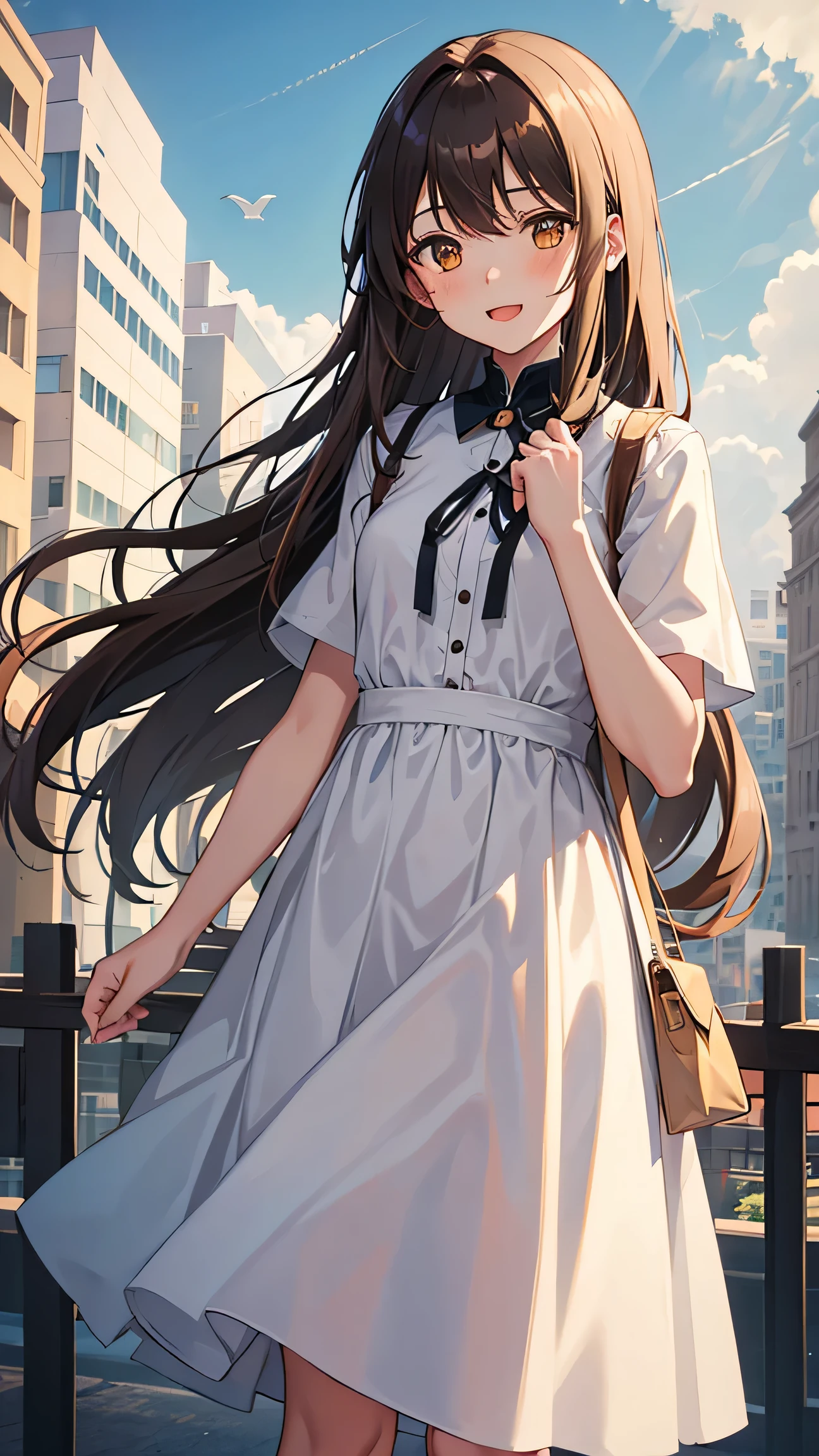 One girl, length_hair, One person in, Brown_hair, Open_mouth, wood, null, smile, Day, Wind, Brown_eye, cloud, white_dress, dress, building, green_null, Outdoor, Looking_in_Audience, floining_hair, blush, cloudy_null, bag, chest