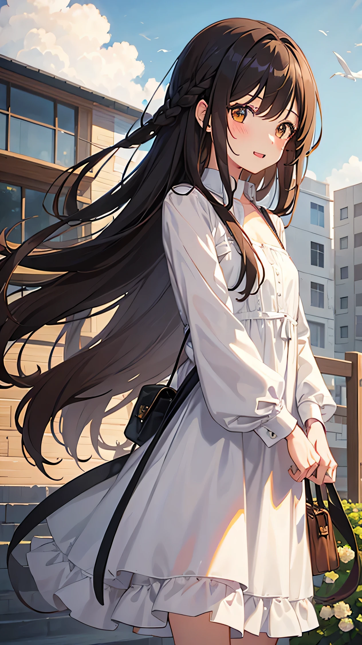 One girl, length_hair, One person in, Brown_hair, Open_mouth, wood, null, smile, Day, Wind, Brown_eye, cloud, white_dress, dress, building, green_null, Outdoor, Looking_in_Audience, floining_hair, blush, cloudy_null, bag, chest