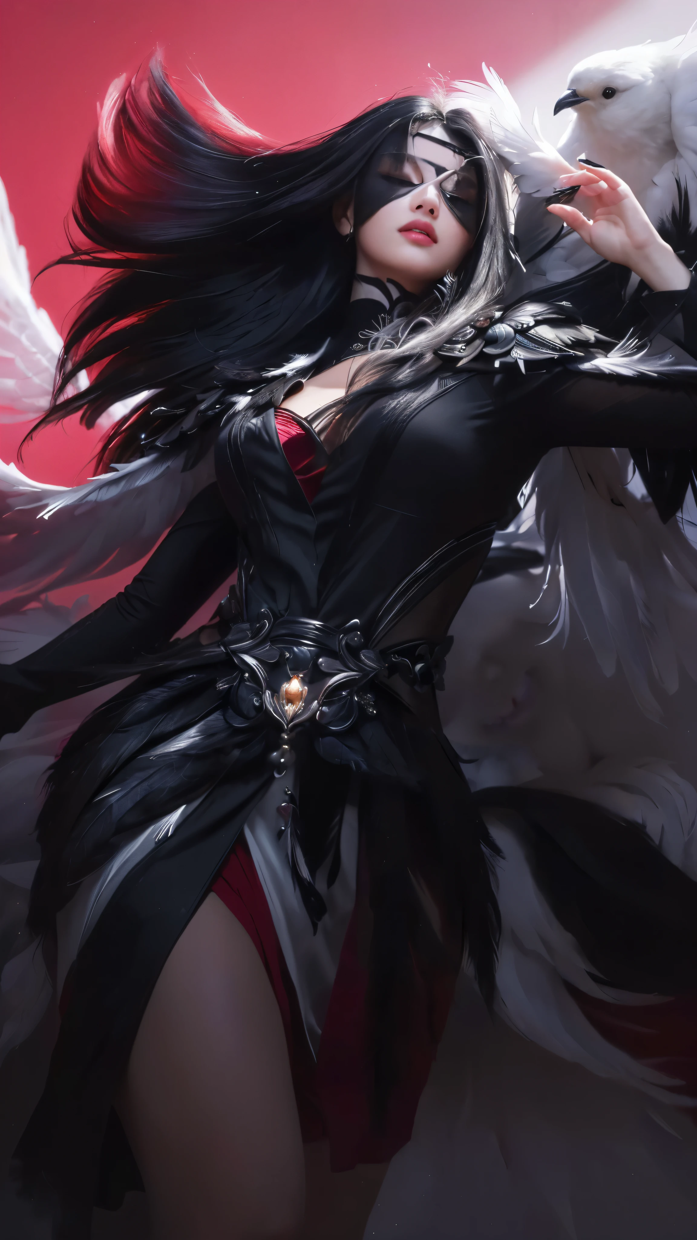 "(best quality,highres,masterpiece:1.2),ultra-detailed,extremely detailed artgerm,close up woman with white bird on shoulder,blind folded eyes,black and white hair,black dress,detailed portrait,soft lighting,dreamy atmosphere,vivid colors,feathery texture,fine lines,portrait artistry,subtle shadows,serene expression,elegant pose,delicate features,ethereal ambiance,studio lighting"