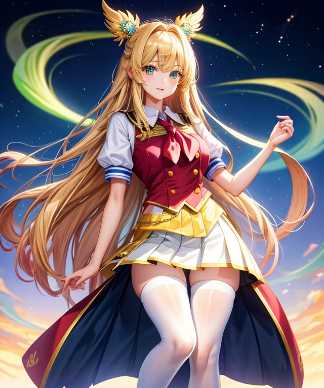 Ji Eun is attractive . She has long hair, Silky blonde hair falling softly over her shoulders. His eyes were shining,、It's a dazzling emerald green., Gives your face an extra glow. Your skin is clear and perfect. Ji Eun is slender and has graceful posture., Big breasted, Thin Hips, Big Ass, Standing beauty of nature.
school uniform: ジウンは白いを着ています, Typical of Korean schools. The blouse is adjusted to fit your body, With short sleeves and black collar, Accentuate your slender figure. The skirt is black and pleated, knee-length., Young in appearance々It gives a cute and lovely impression.. She is wearing tight white stockings around her thighs.。, With black Mary Jane style shoes.