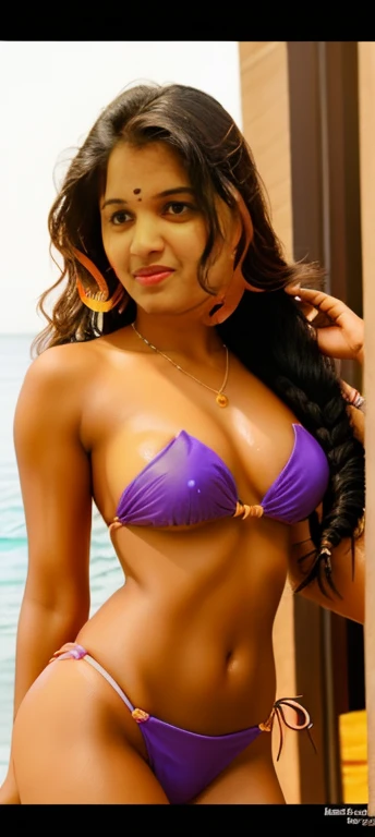 most beautiful Tamil girl sexy nude breast semi transparent strapless removing bikini++ long thick perfect braid hair style photorealistic sexy body standing sexy pose Tamil boy grabbing from behind detailed hyper realistic cinematic perfect body perfect nipple impression wet bikini wet body wet hair, front facing sexy body Hard nipples impression no bikini++ no panty+ transparent bikini